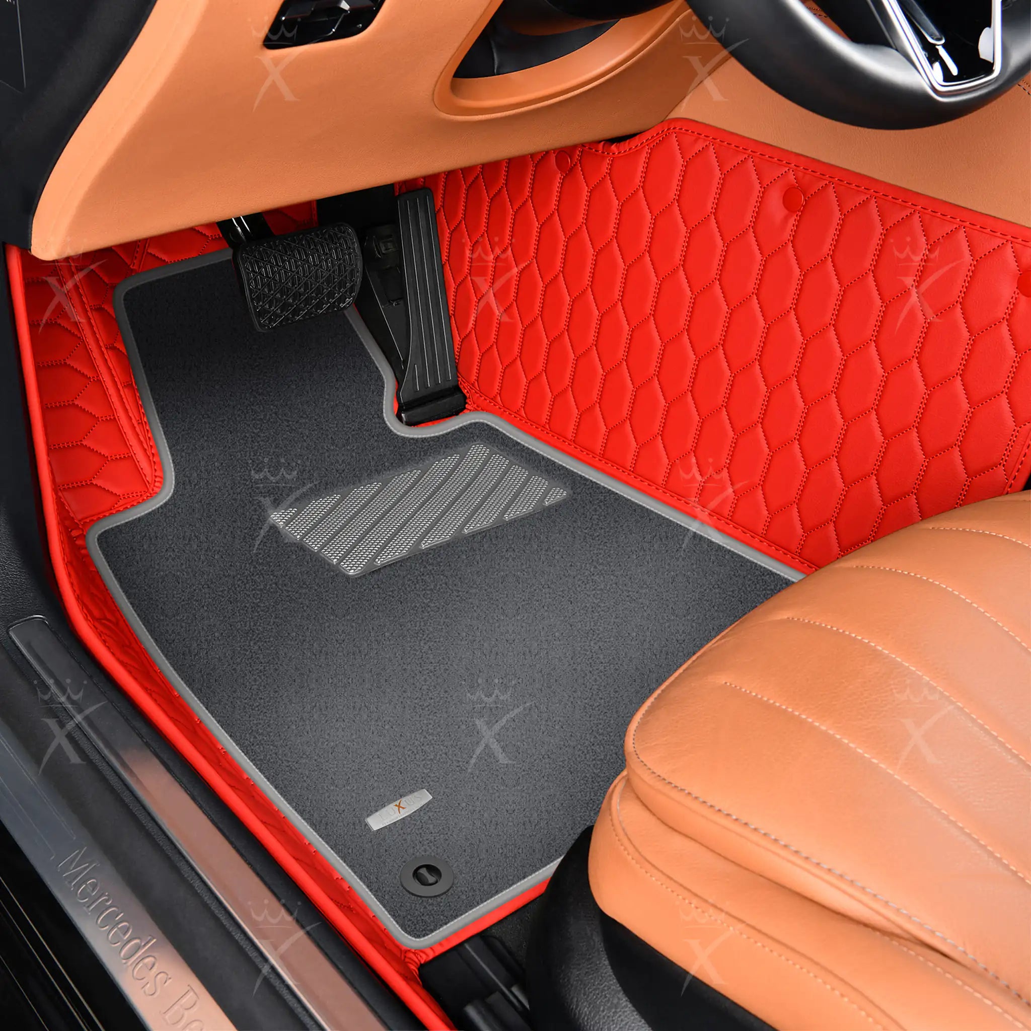 Ferrari Red Honeycomb & Gray Carpet | Double Layer Luxury Car Mats Set