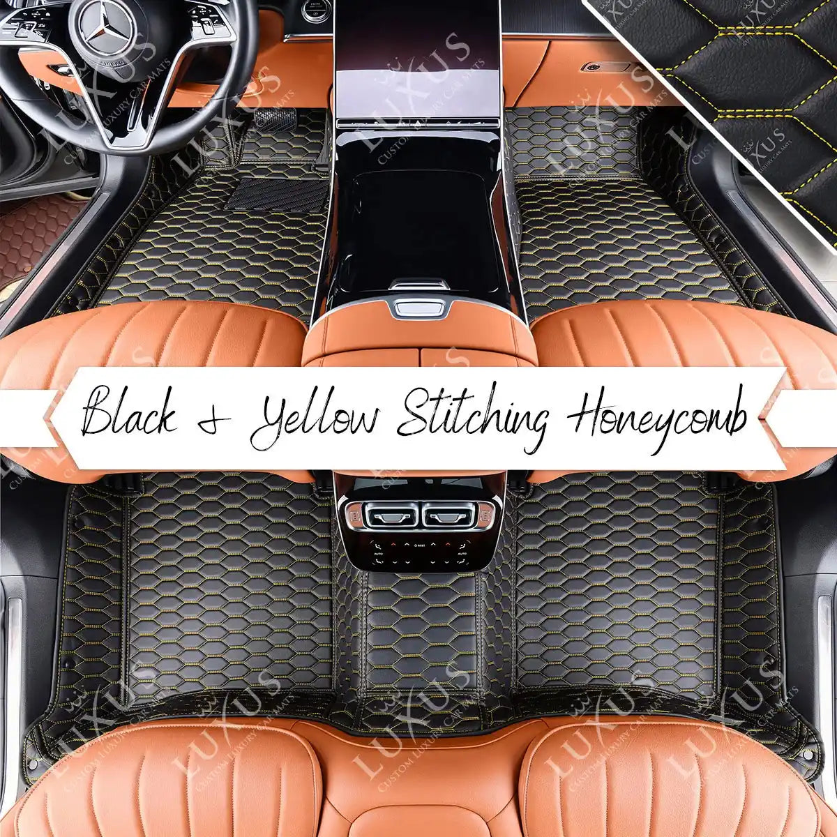 Luxus Premium Honeycomb Custom Car Mats Set | Black & Yellow Stitching