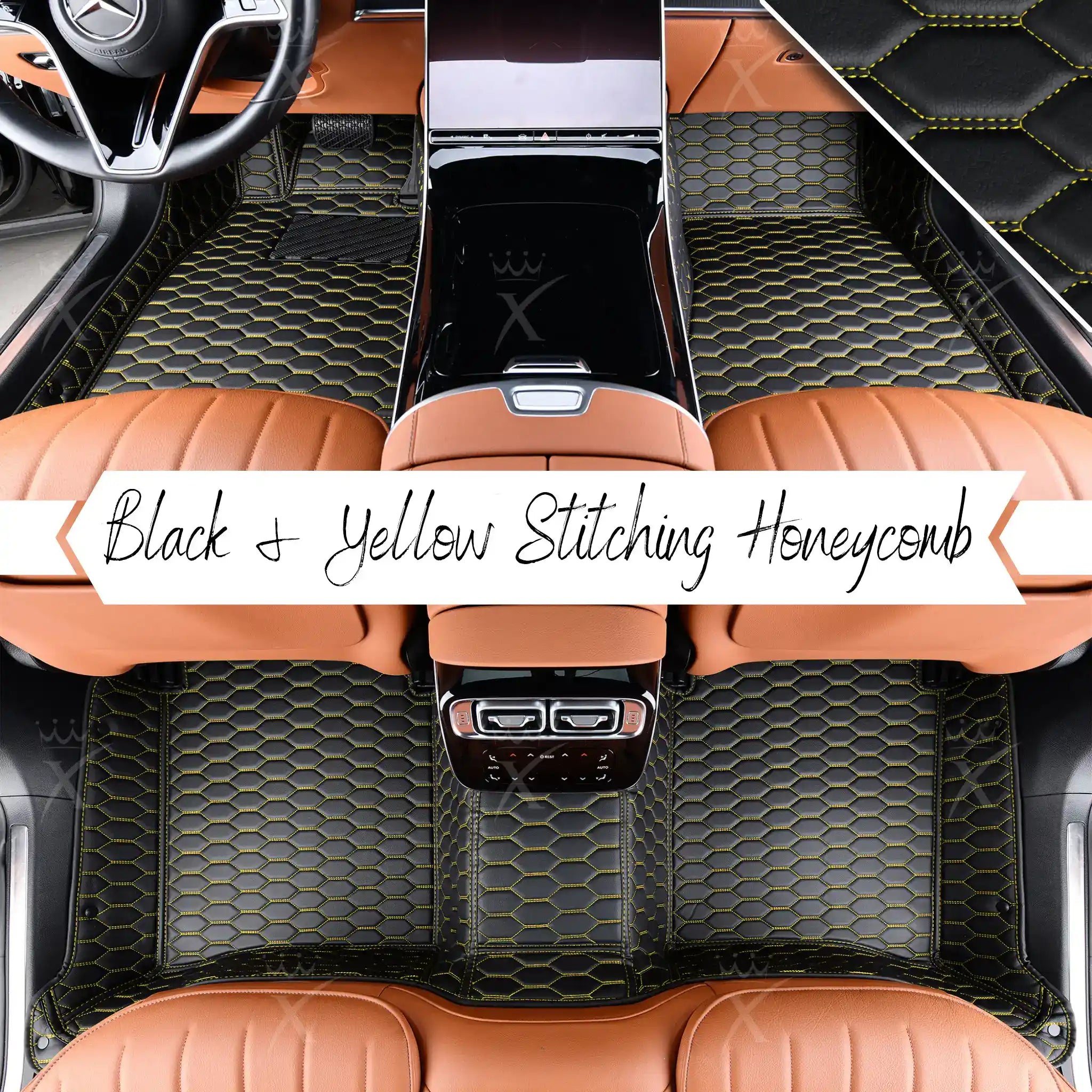Luxus Premium Honeycomb Custom Car Mats Set | Black & Yellow Stitching