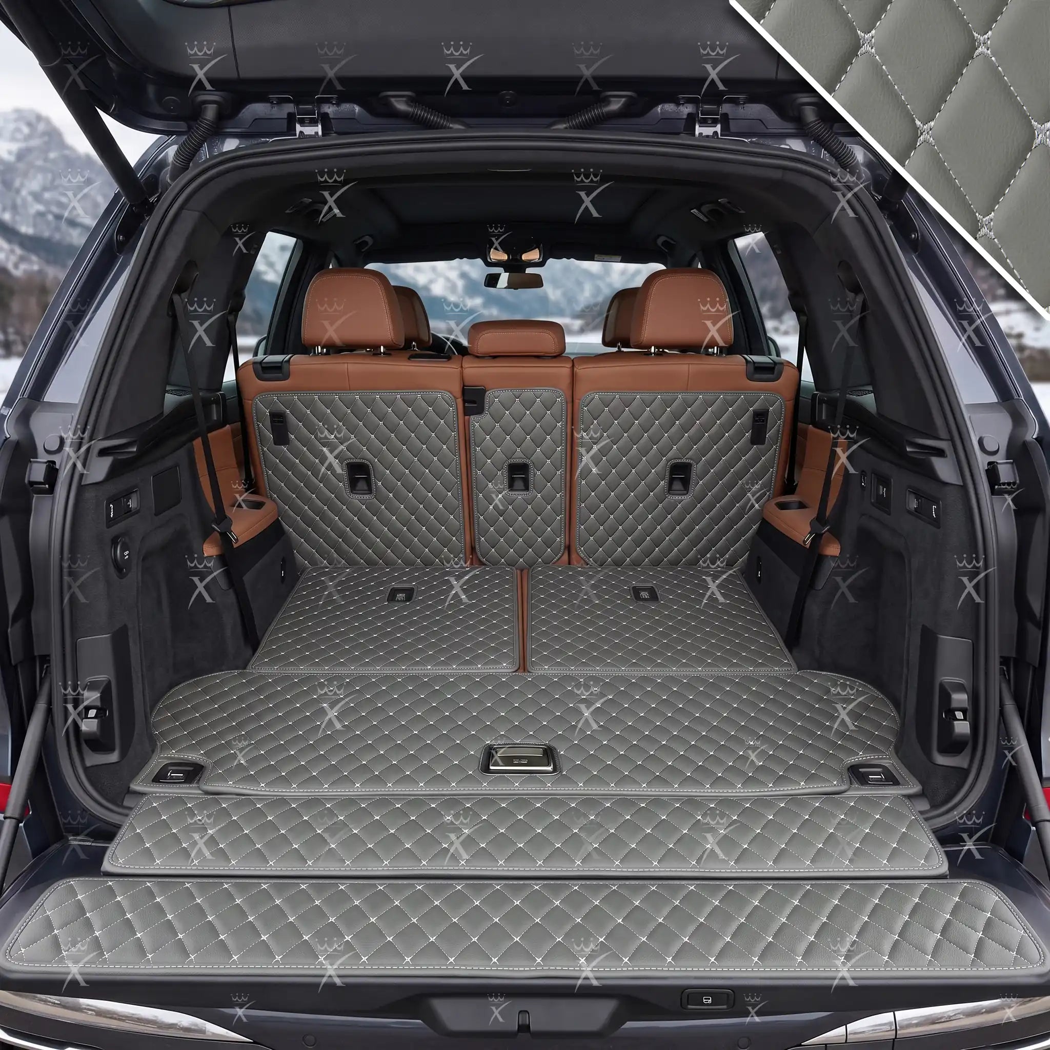 Luxus Car Mats™ - Tapete para maletero/maletero de cuero de lujo con costuras negras y negras en 3D