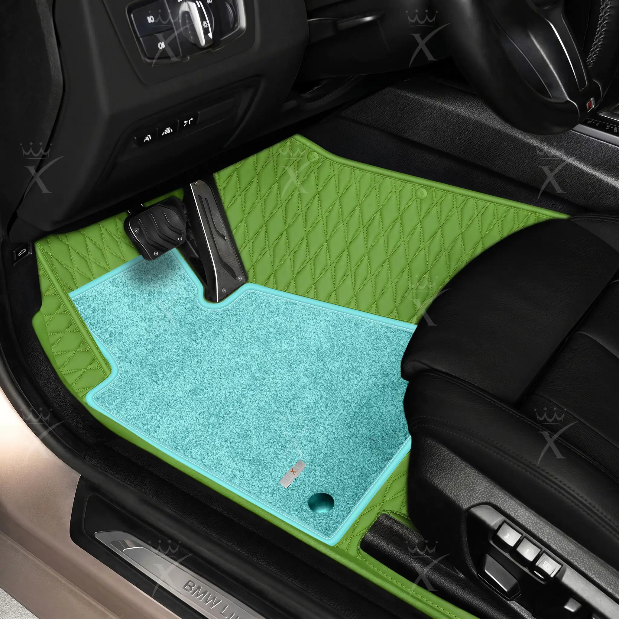 Luxus Twin-Diamond Double Layer Series Floor Mats | Lime Green & Aqua Frost Top Carpet