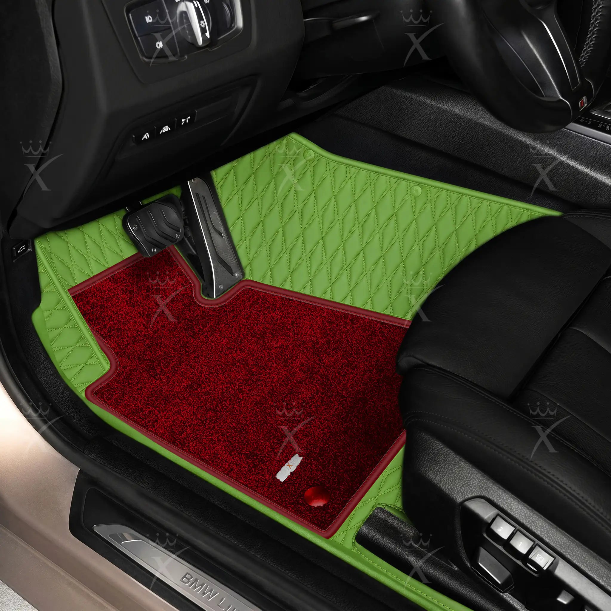 Luxus Twin-Diamond Double Layer Series Floor Mats | Lime Green & Bordeaux Wine Top Carpet