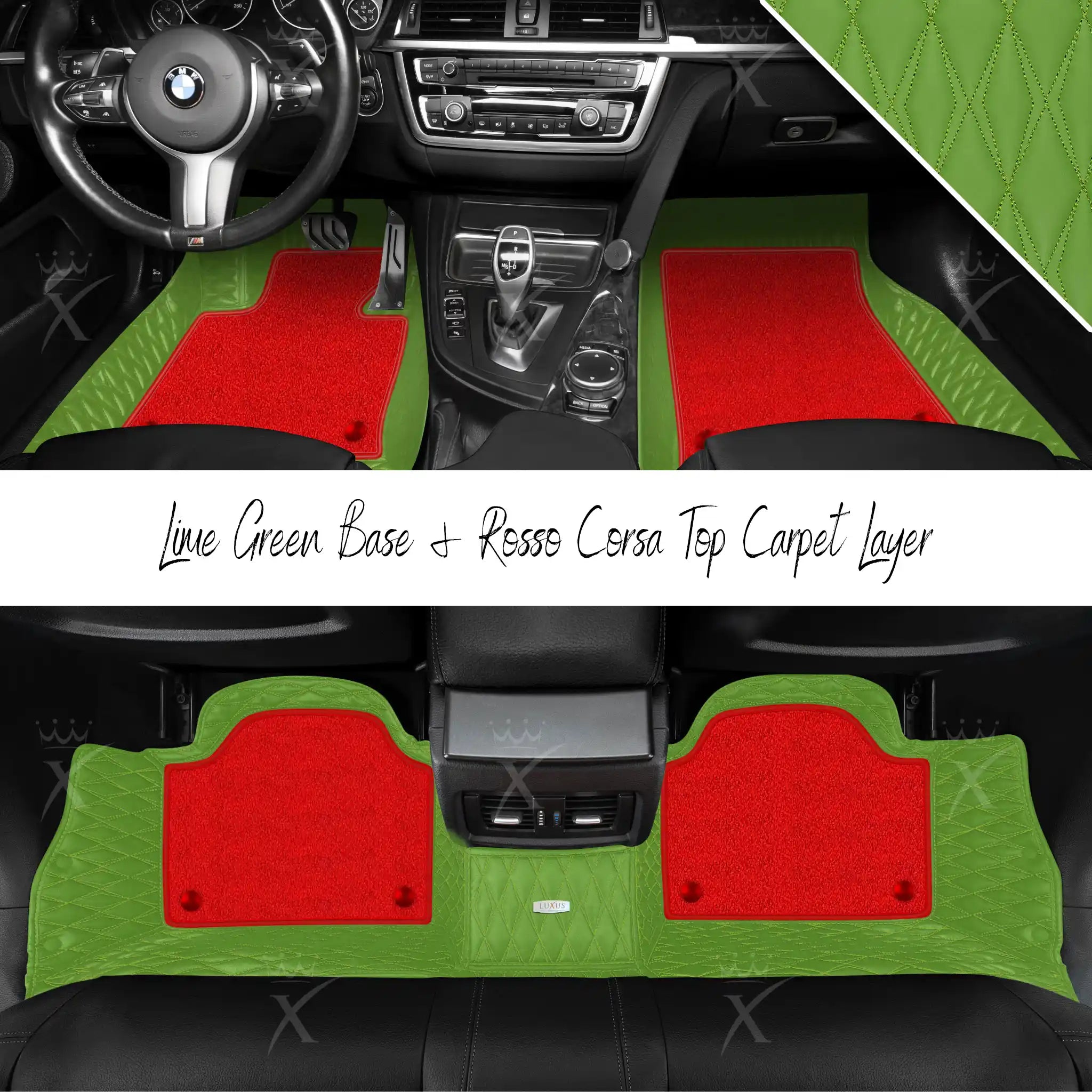 Lime Green Twin Diamond & Rosso Corsa Carpet | Double Layer Luxury Car Mats Set