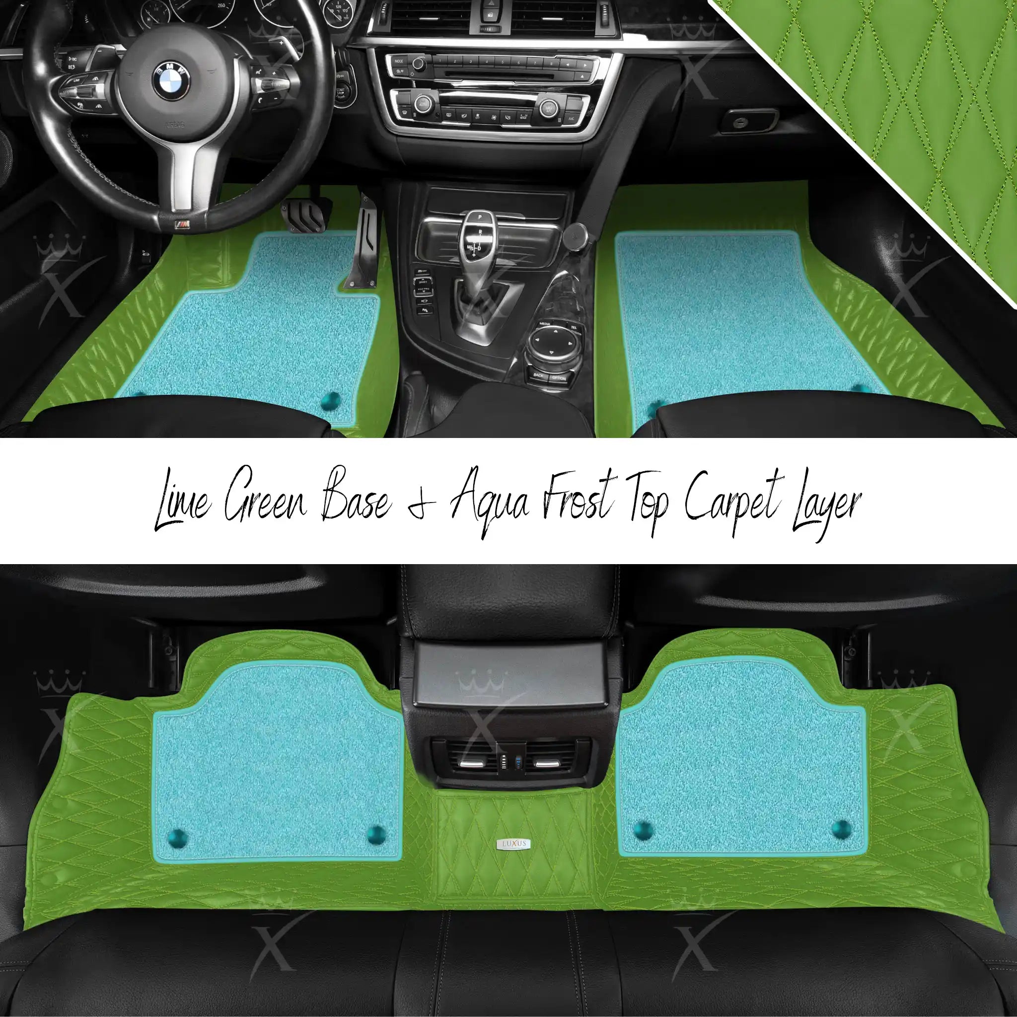 Lime Green Twin Diamond & Aqua Frost Carpet | Double Layer Luxury Car Mats Set