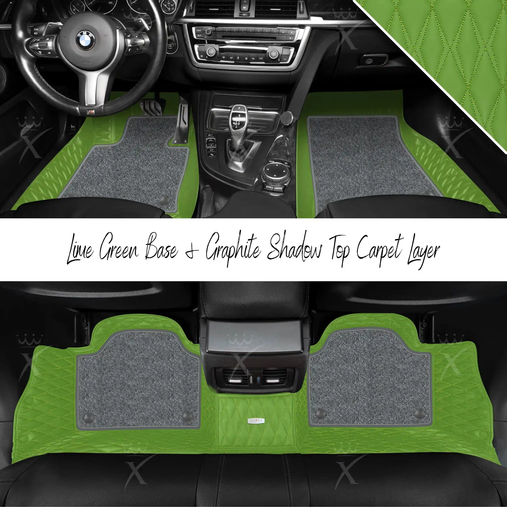 Lime Green Twin Diamond & Graphite Shadow Carpet | Double Layer Luxury Car Mats Set