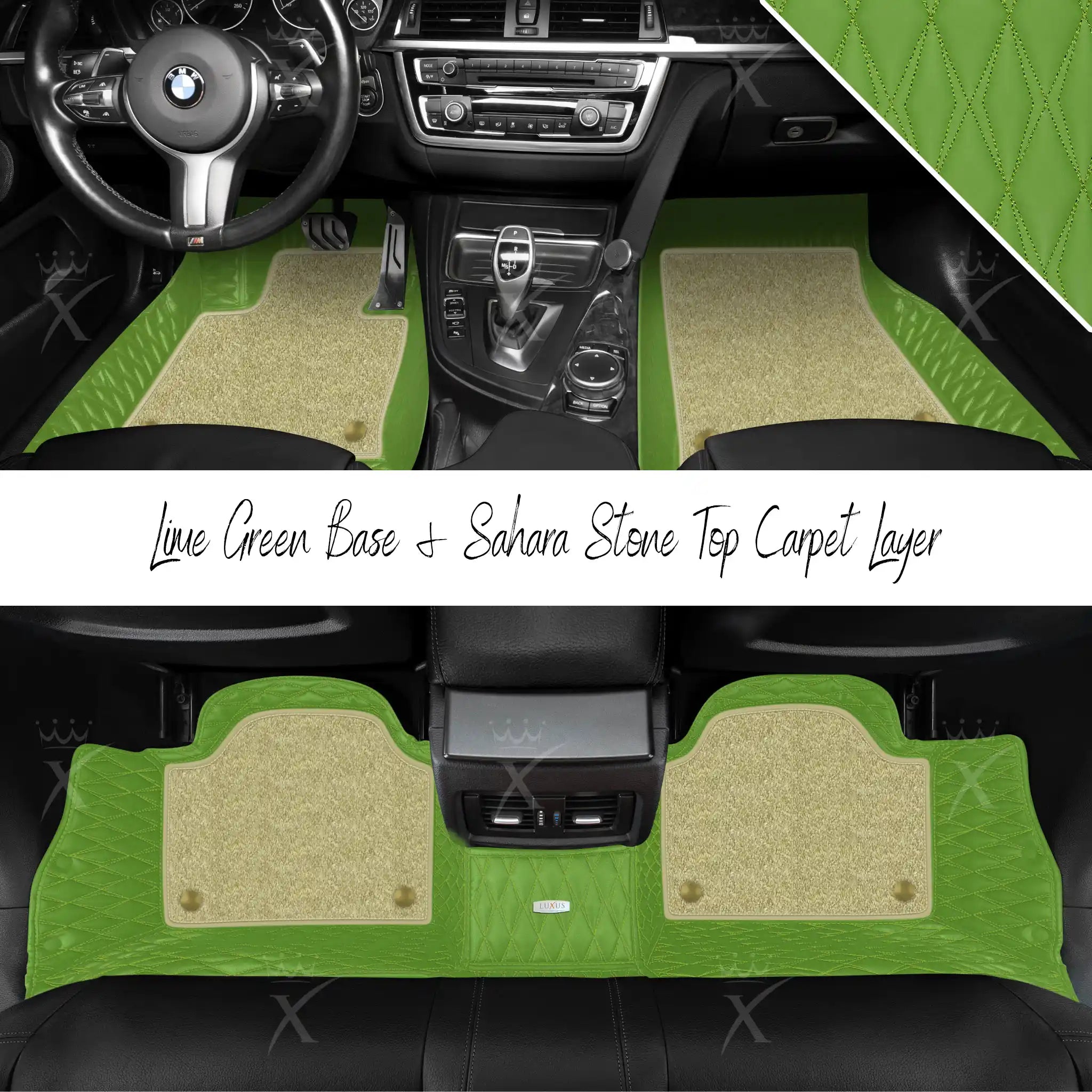 Lime Green Twin Diamond & Sahara Stone Carpet | Double Layer Luxury Car Mats Set