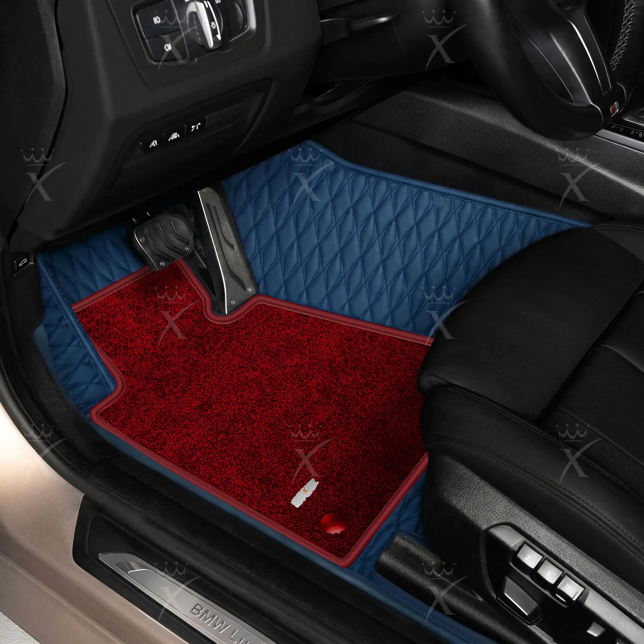 Luxus Twin-Diamond Double Layer Series Floor Mats | Midnight Blue & Bordeaux Wine Top Carpet
