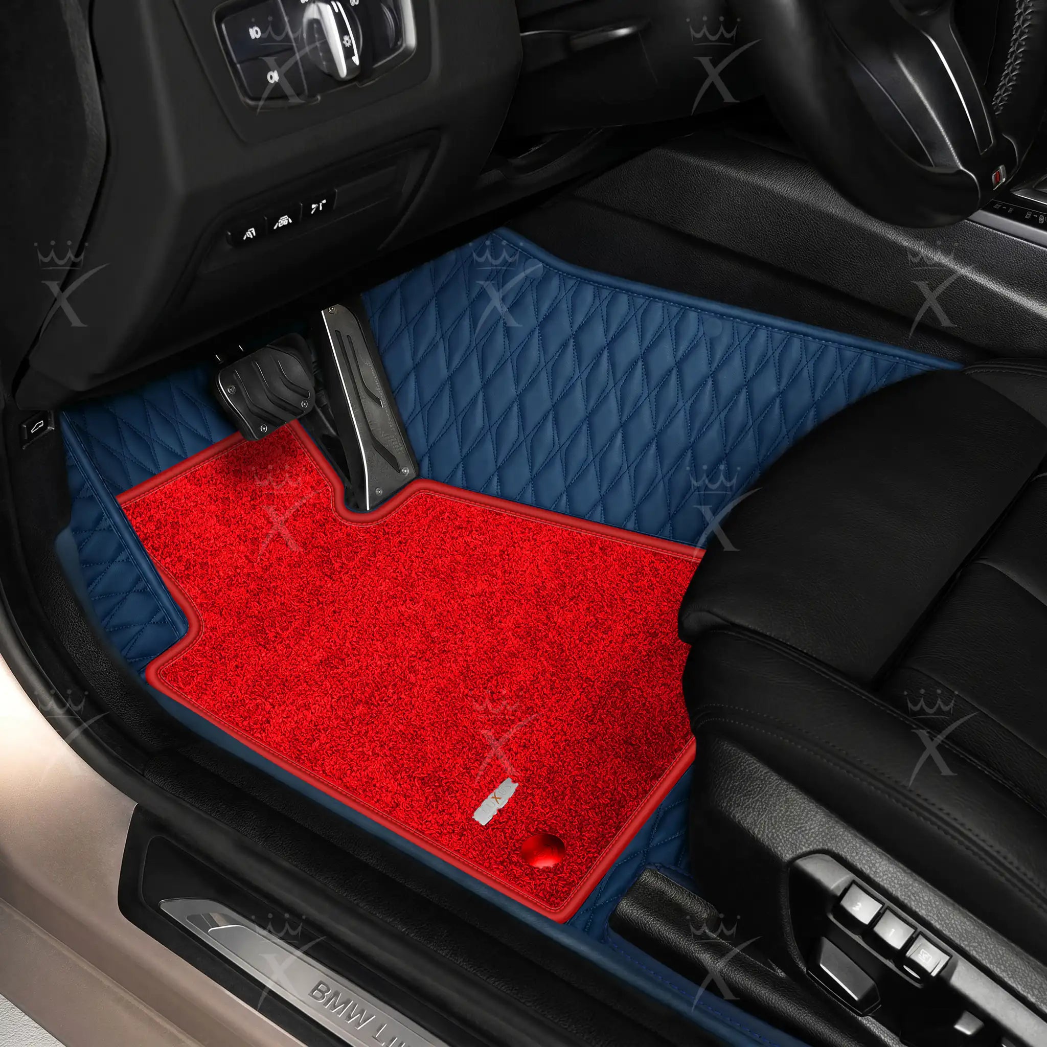 Luxus Twin-Diamond Double Layer Series Floor Mats | Midnight Blue & Rosso Corsa Top Carpet