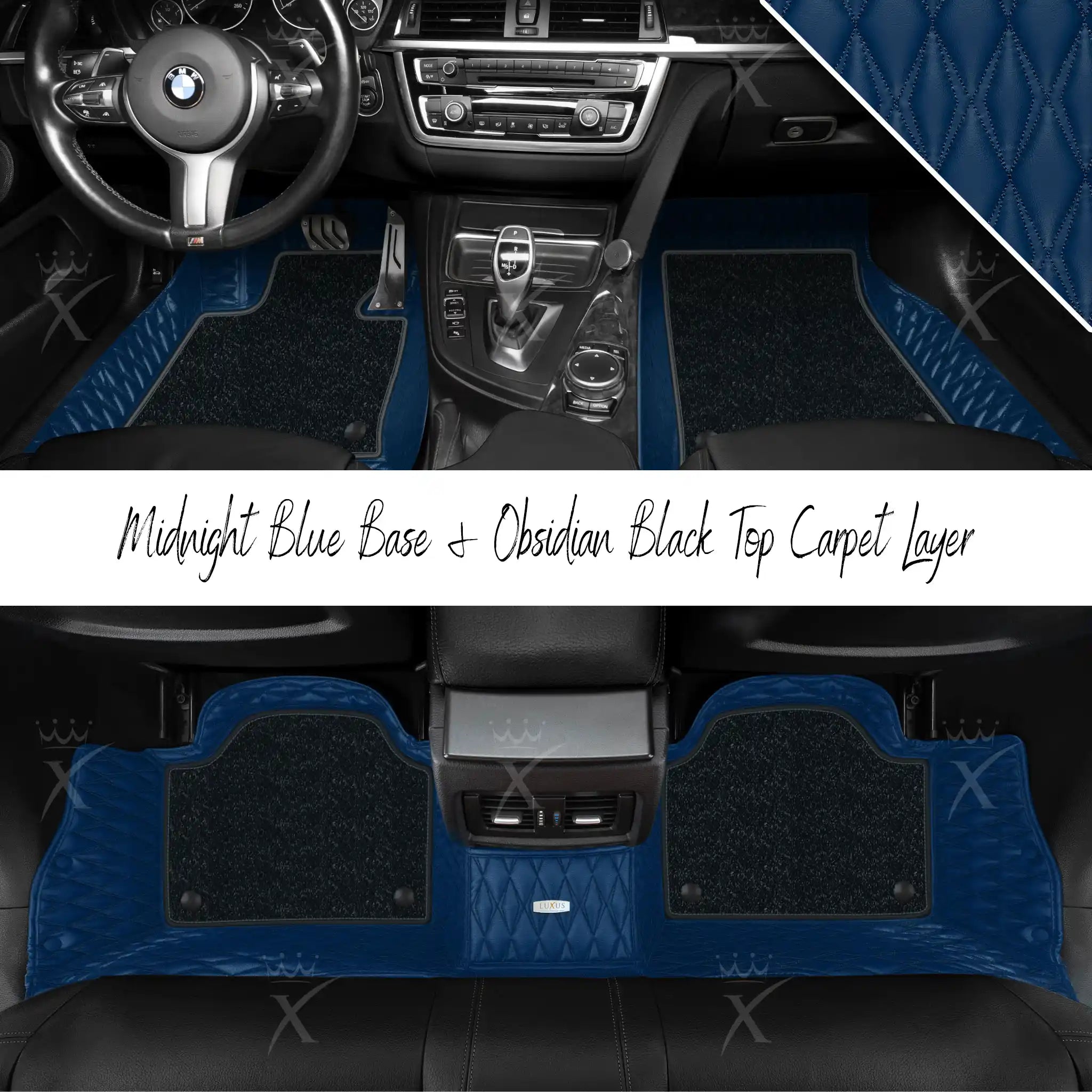 Midnight Blue Twin Diamond & Obsidian Black Carpet | Double Layer Luxury Car Mats Set