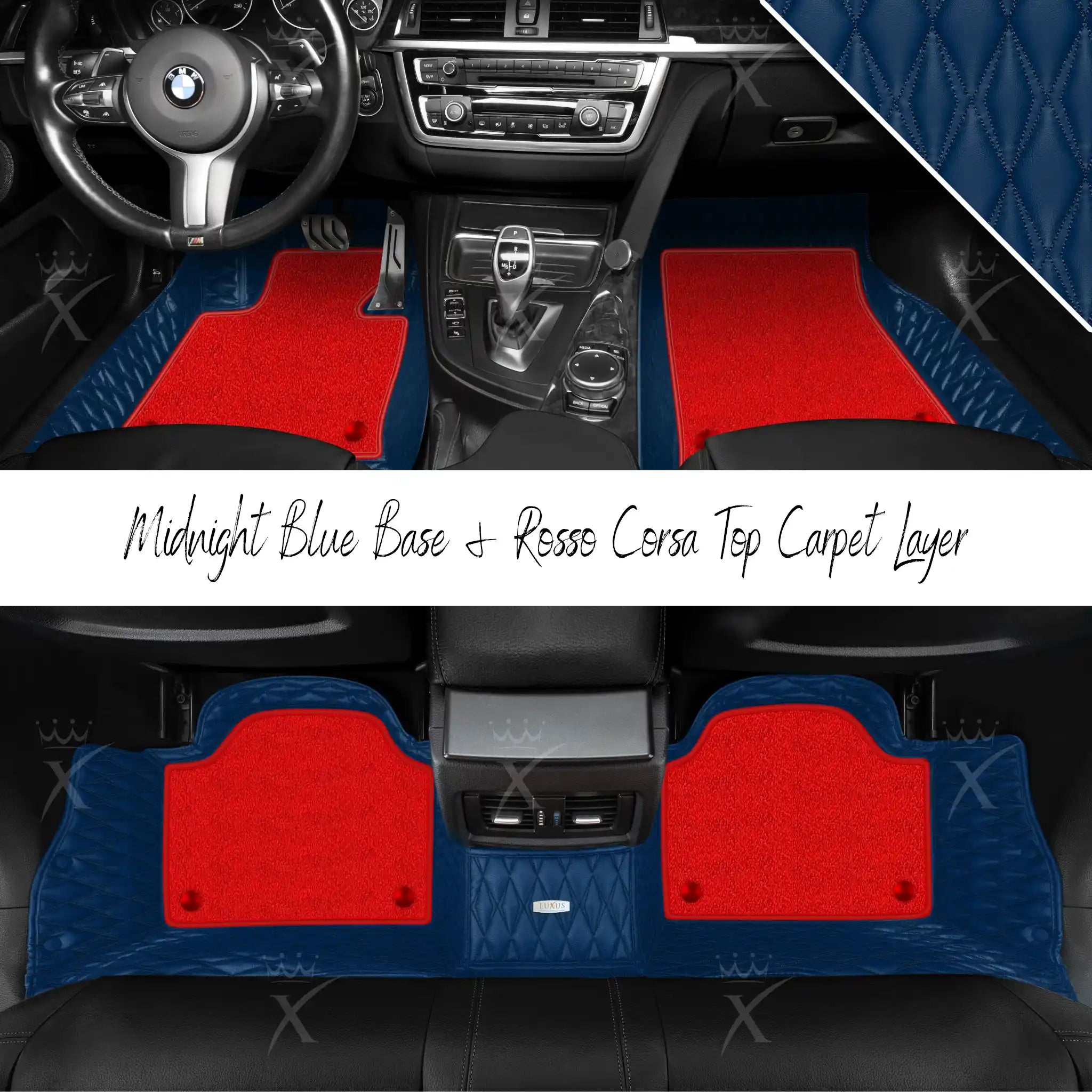 Midnight Blue Twin Diamond & Rosso Corsa Carpet | Double Layer Luxury Car Mats Set