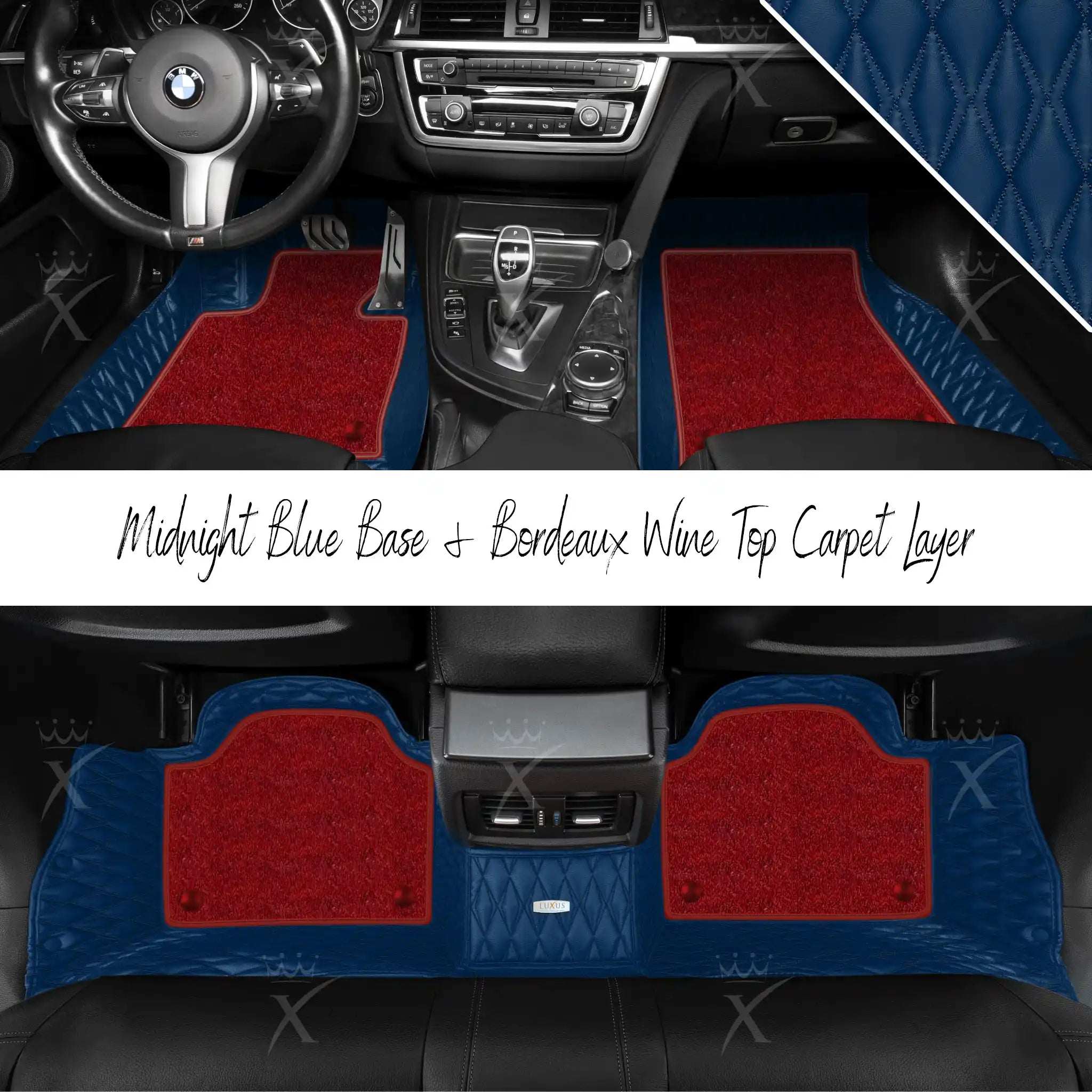 Midnight Blue Twin Diamond & Bordeaux Wine Carpet | Double Layer Luxury Car Mats Set
