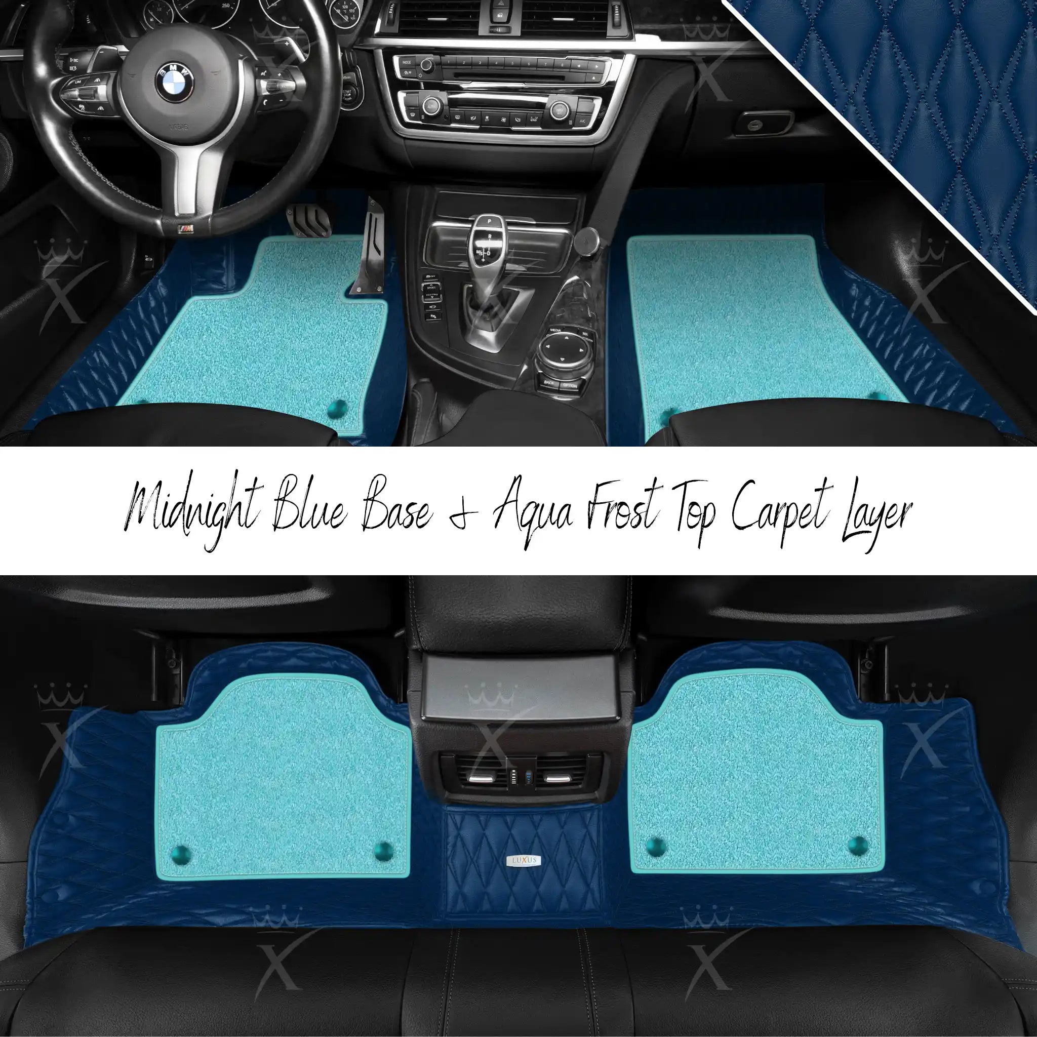 Midnight Blue Twin Diamond & Aqua Frost Carpet | Double Layer Luxury Car Mats Set