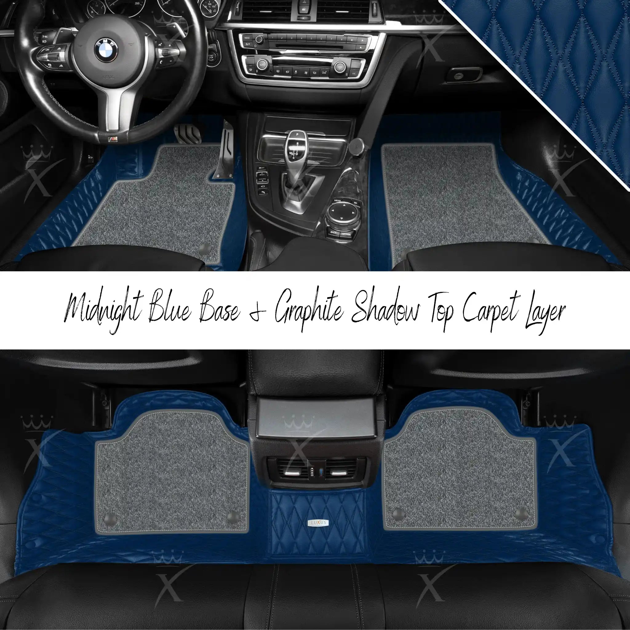 Midnight Blue Twin Diamond & Graphite Shadow Carpet | Double Layer Luxury Car Mats Set