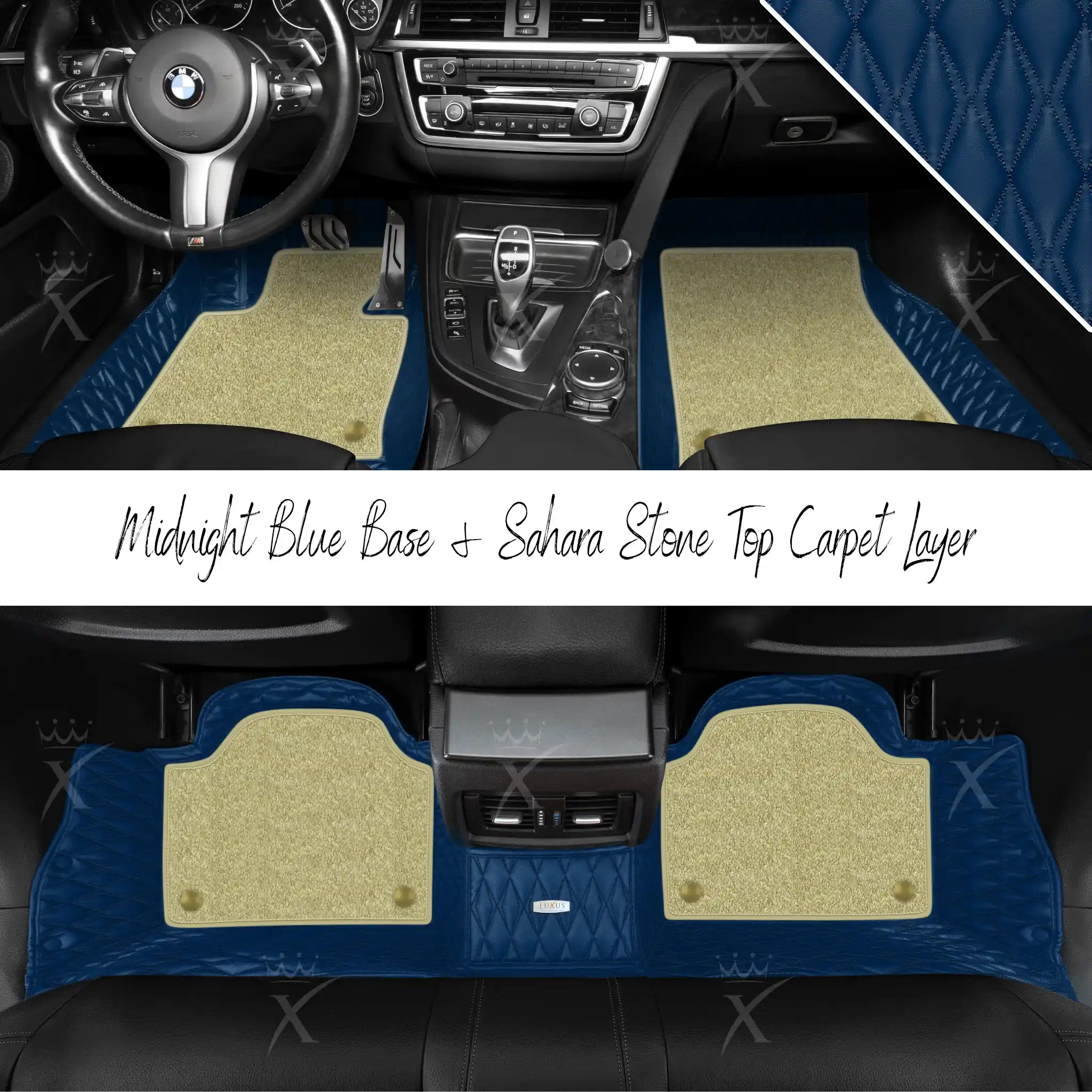 Midnight Blue Twin Diamond & Sahara Stone Carpet | Double Layer Luxury Car Mats Set