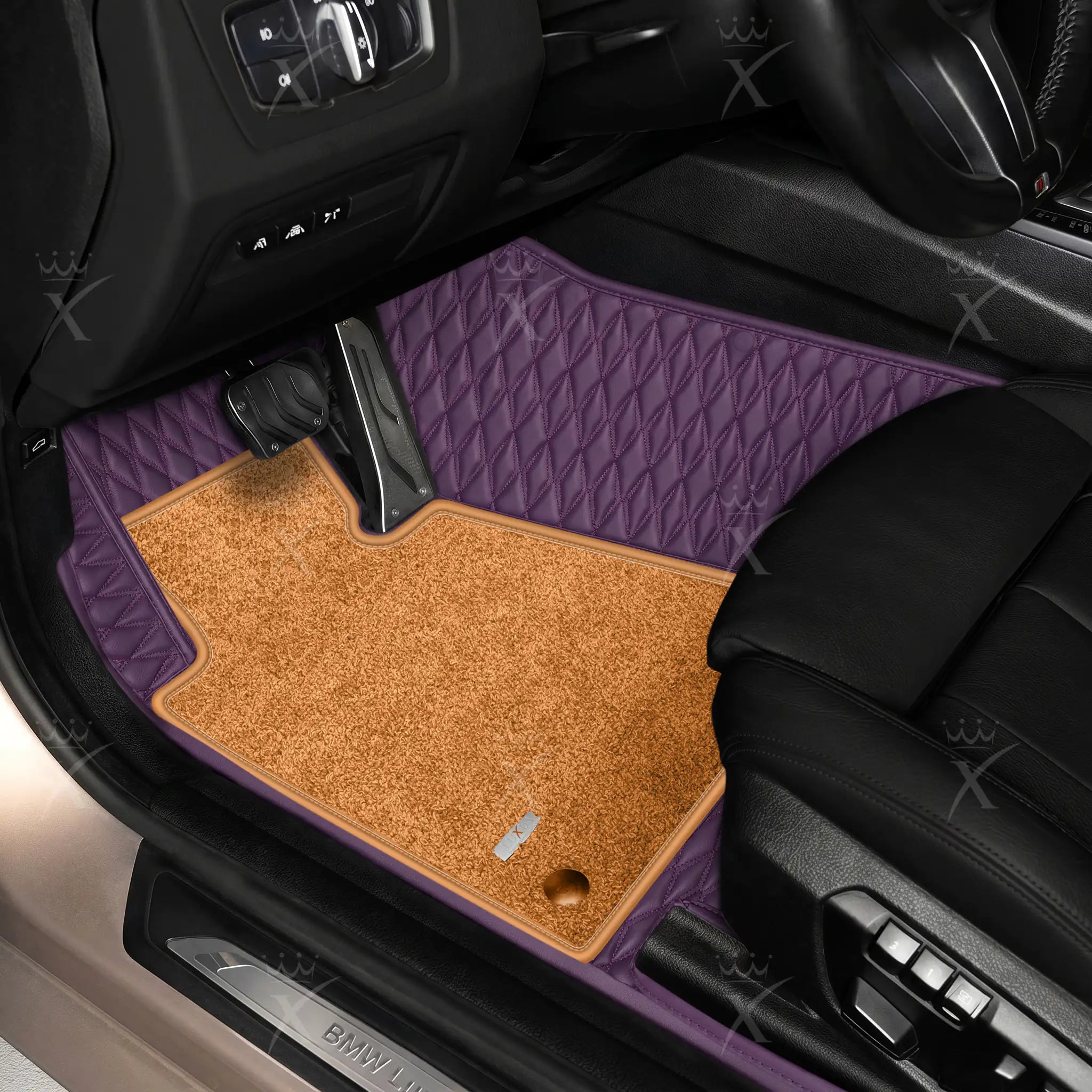 Luxus Twin-Diamond Double Layer Series Floor Mats | Plum Purple & Cognac Tan Top Carpet