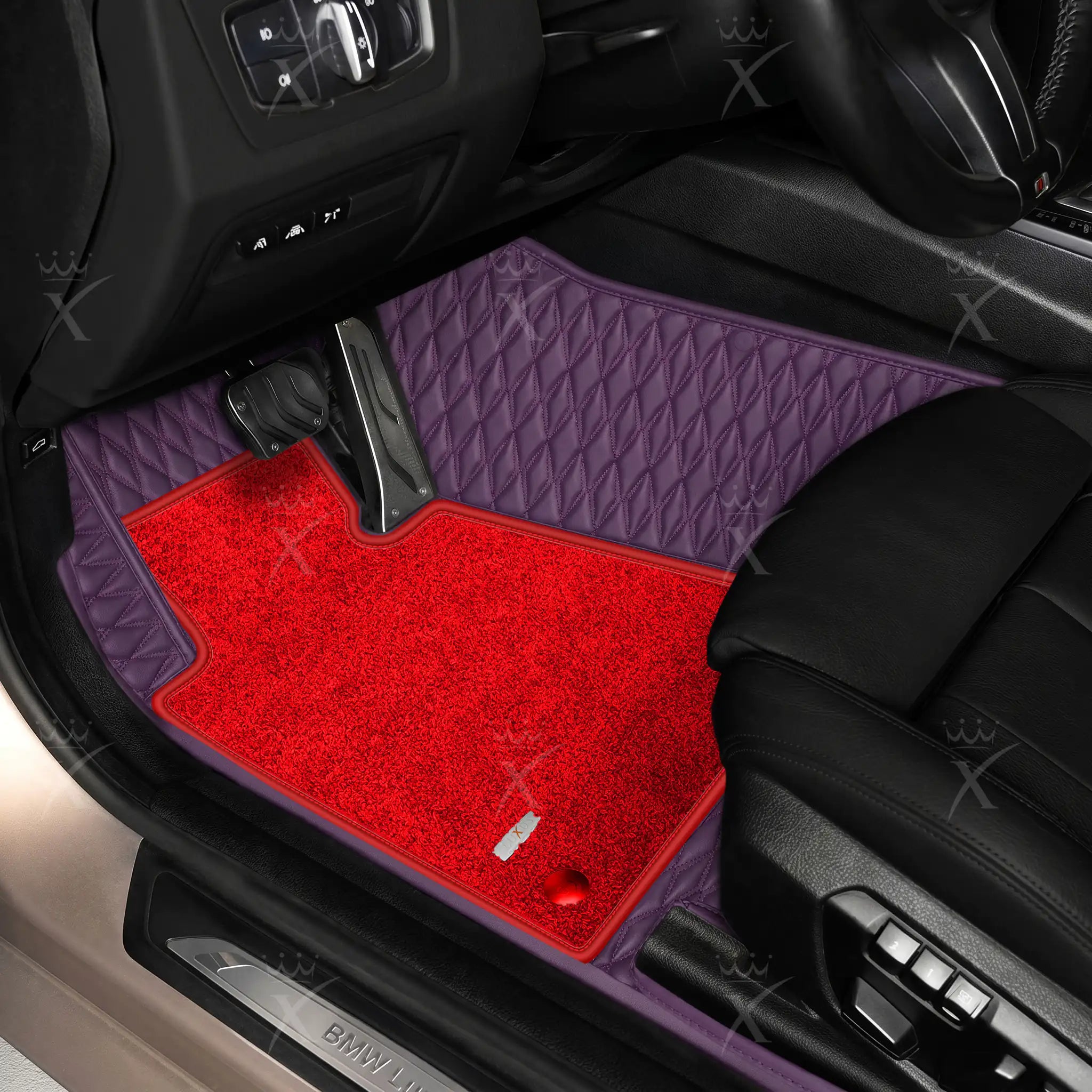 Luxus Twin-Diamond Double Layer Series Floor Mats | Plum Purple & Rosso Corsa Top Carpet