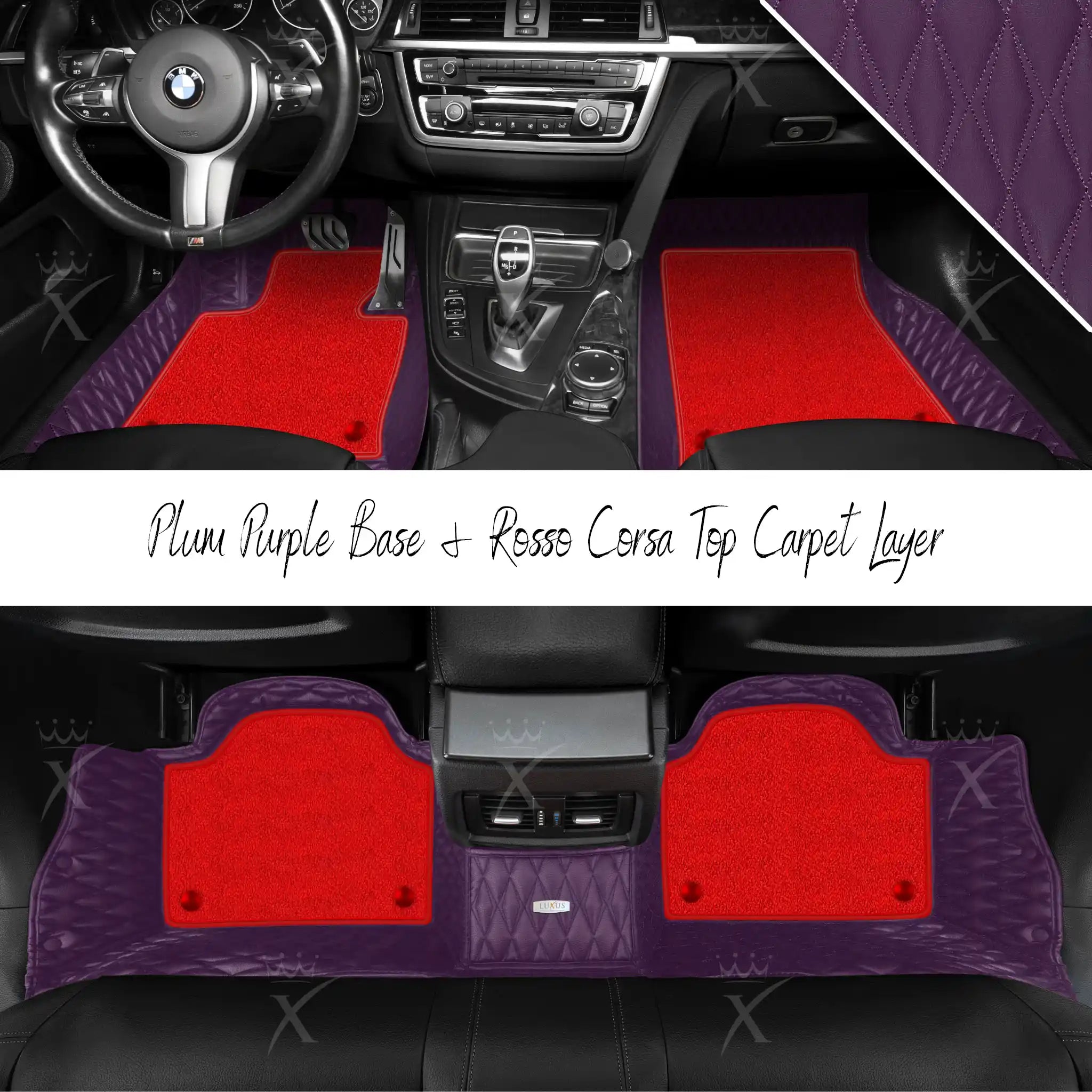 Plum Purple Twin Diamond & Rosso Corsa Carpet | Double Layer Luxury Car Mats Set