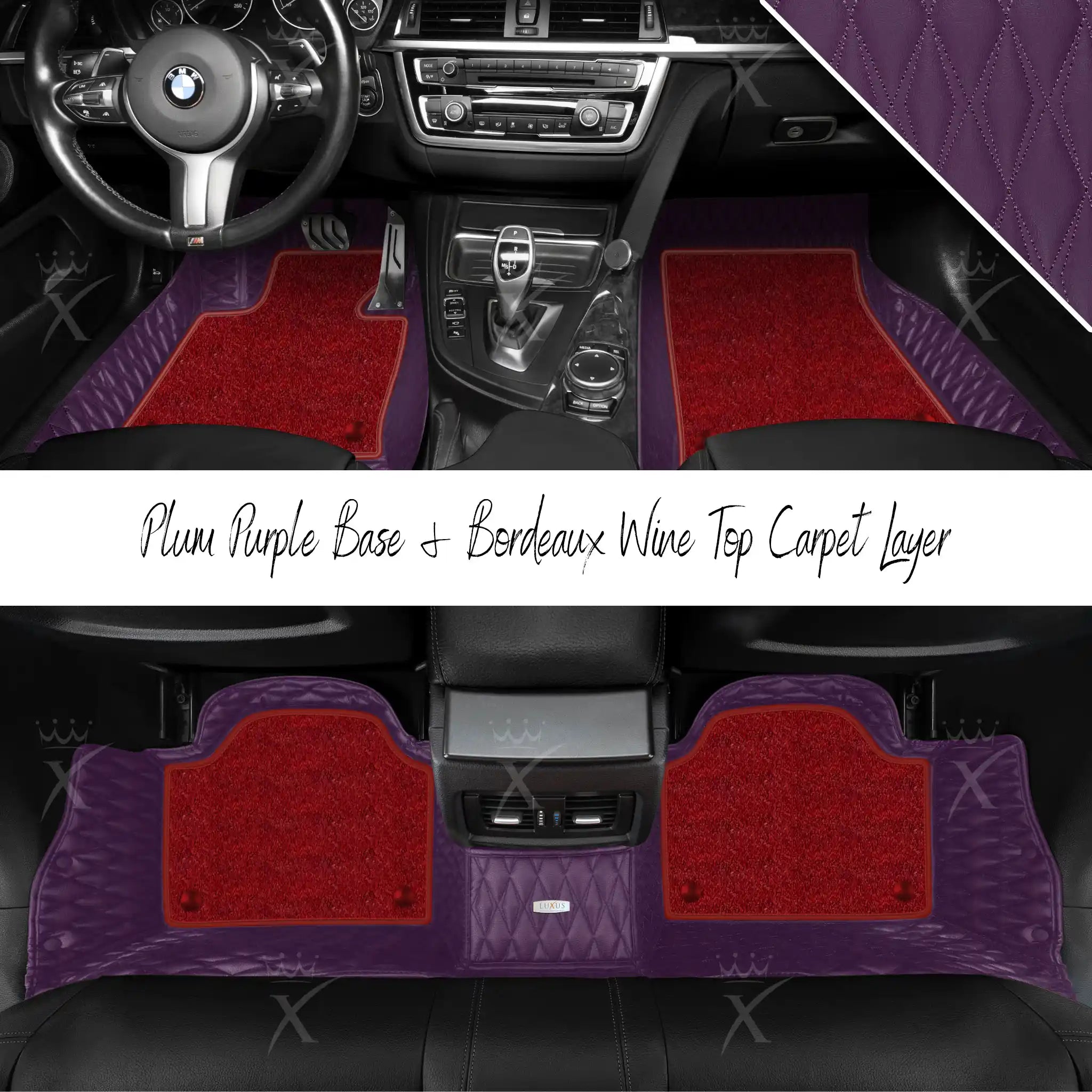Plum Purple Twin Diamond & Bordeaux Wine Carpet | Double Layer Luxury Car Mats Set