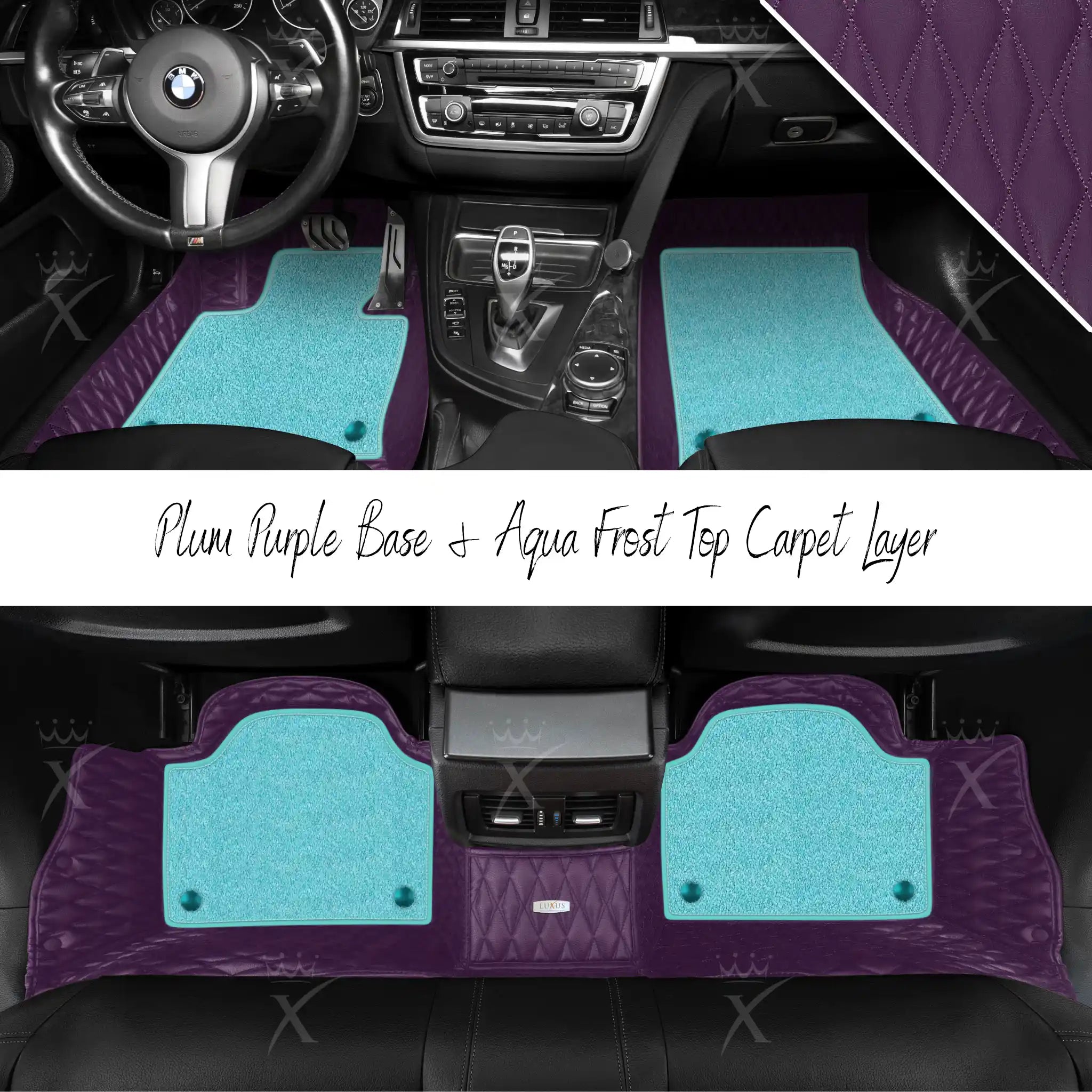 Plum Purple Twin Diamond & Aqua Frost Carpet | Double Layer Luxury Car Mats Set