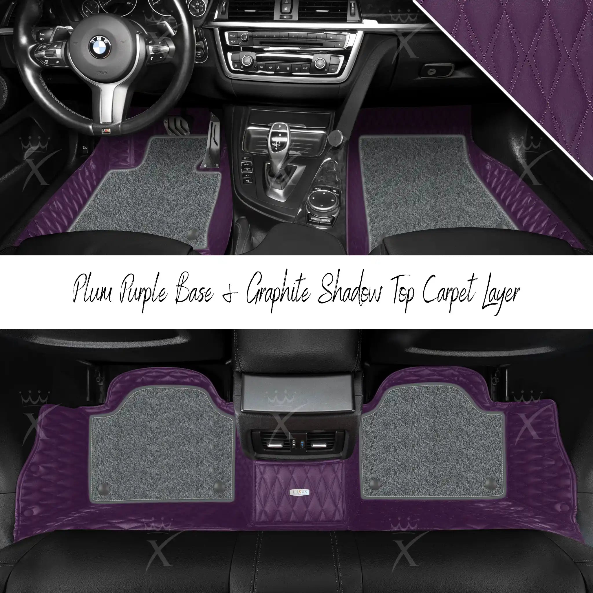 Plum Purple Twin Diamond & Graphite Shadow Carpet | Double Layer Luxury Car Mats Set