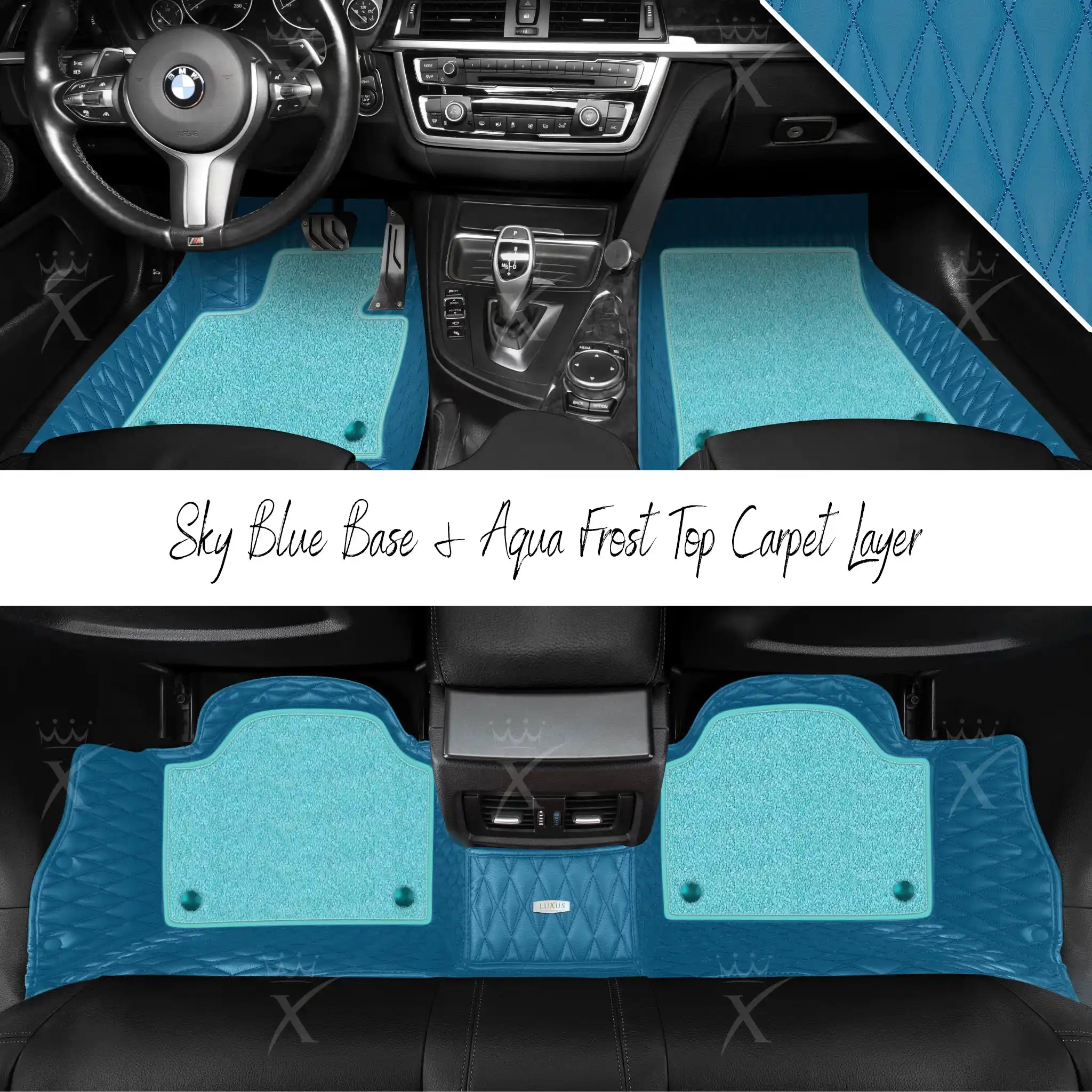 Sky Blue Twin Diamond & Aqua Frost Carpet | Double Layer Luxury Car Mats Set