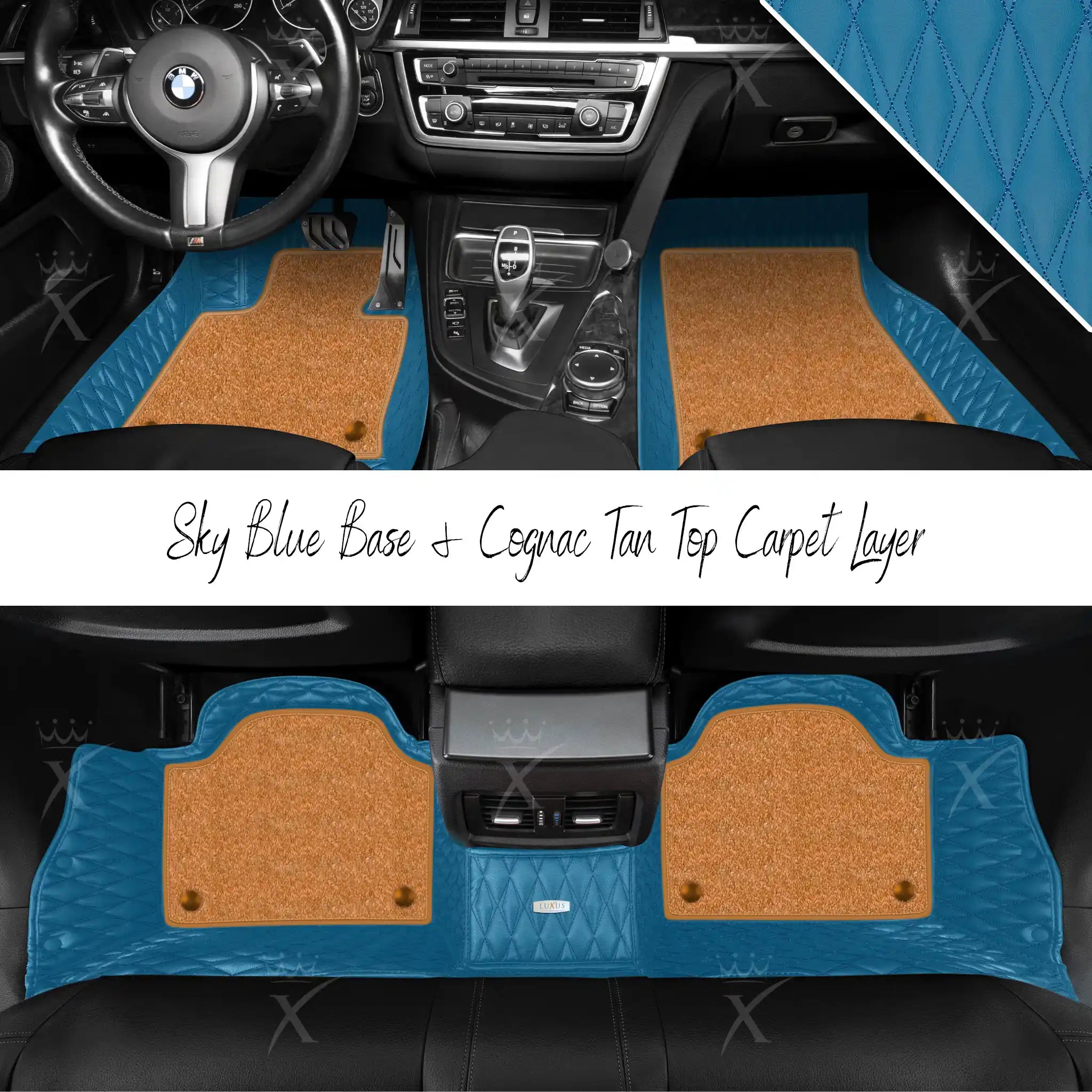 Sky Blue Twin Diamond & Cognac Tan Carpet | Double Layer Luxury Car Mats Set