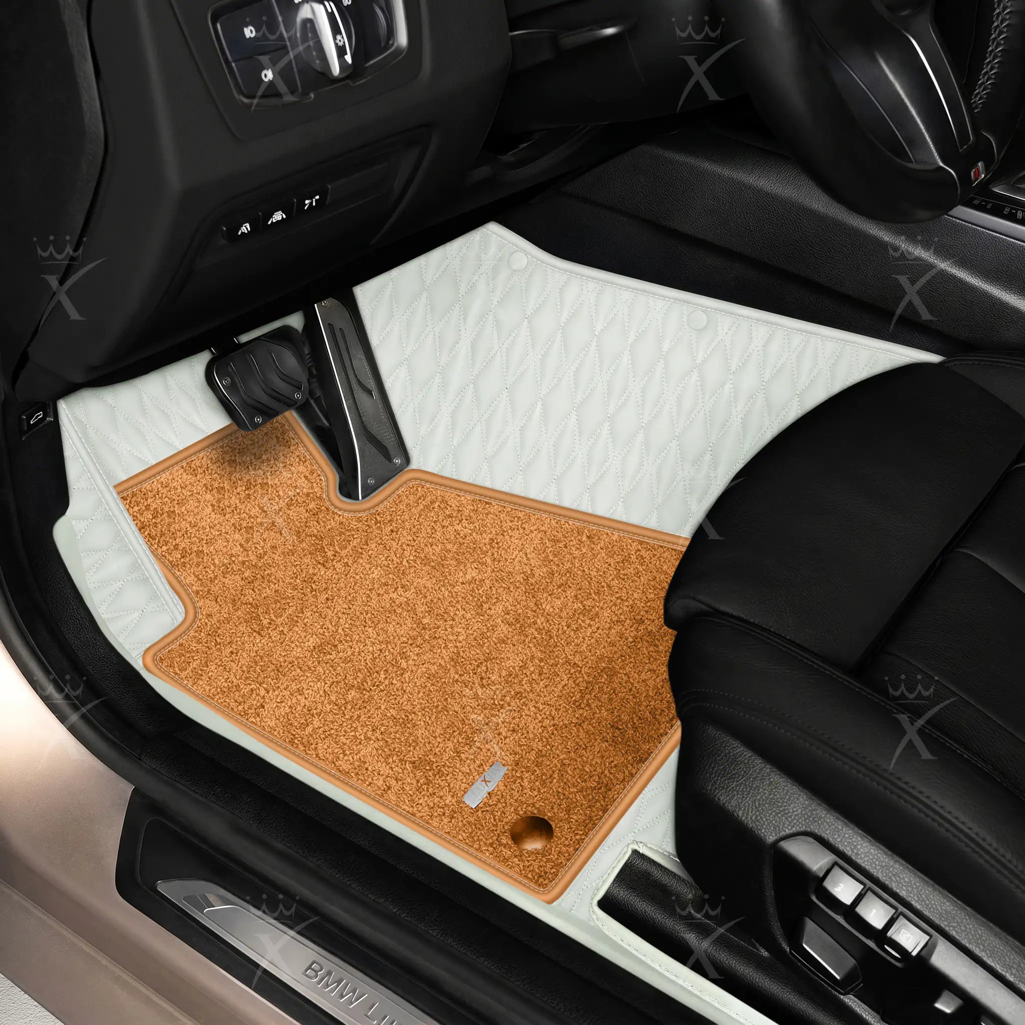 Luxus Twin-Diamond Double Layer Series Floor Mats | Snow White & Cognac Tan Top Carpet