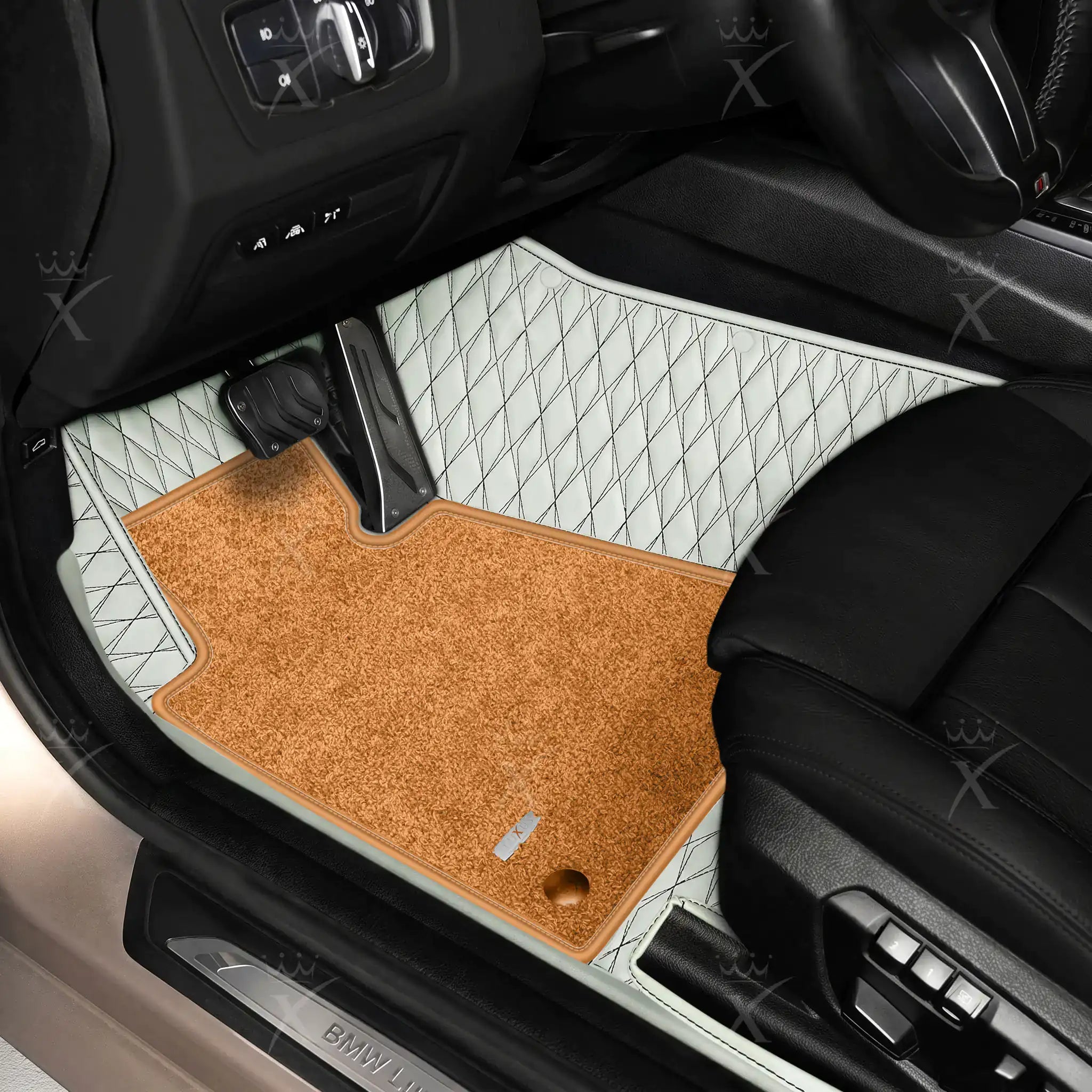 Luxus Twin-Diamond Double Layer Series Floor Mats | Snow White & Black Stitching & Cognac Tan Top Carpet