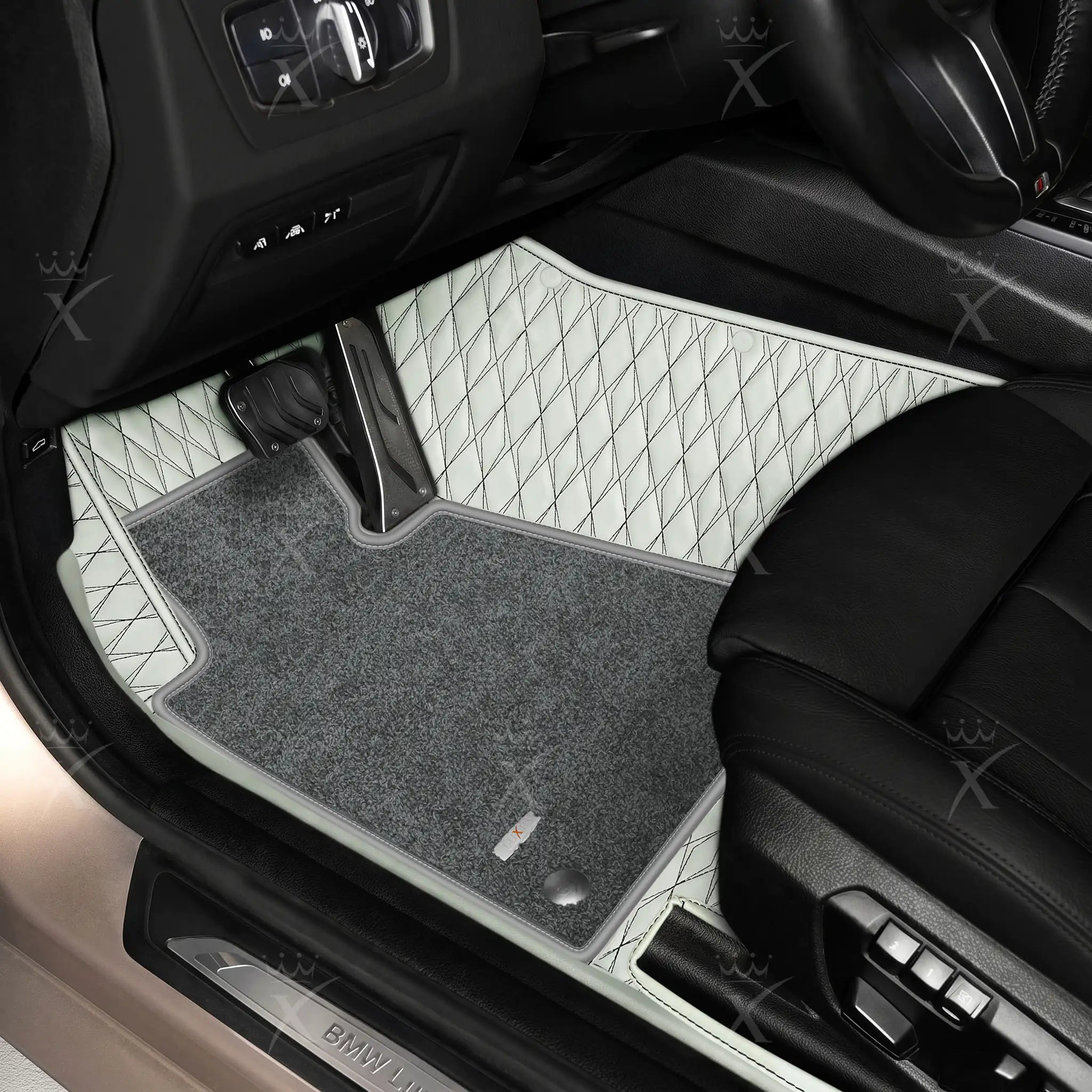 Luxus Twin-Diamond Double Layer Series Floor Mats | Snow White & Black Stitching & Graphite Shadow Top Carpet