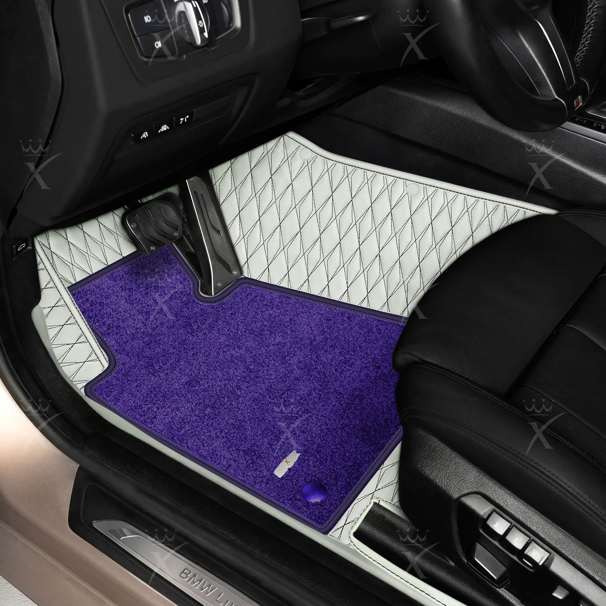 Luxus Twin-Diamond Double Layer Series Floor Mats | Snow White & Black Stitching & Imperial Violet Top Carpet