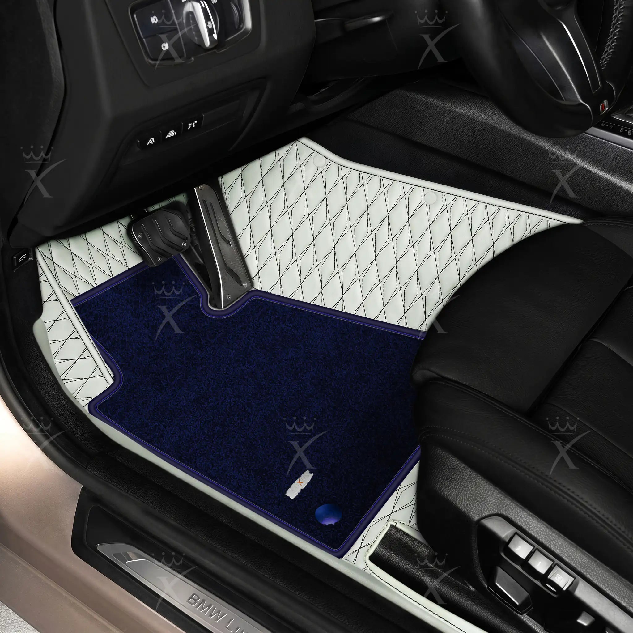 Luxus Twin-Diamond Double Layer Series Floor Mats | Snow White & Black Stitching & Midnight Navy Top Carpet