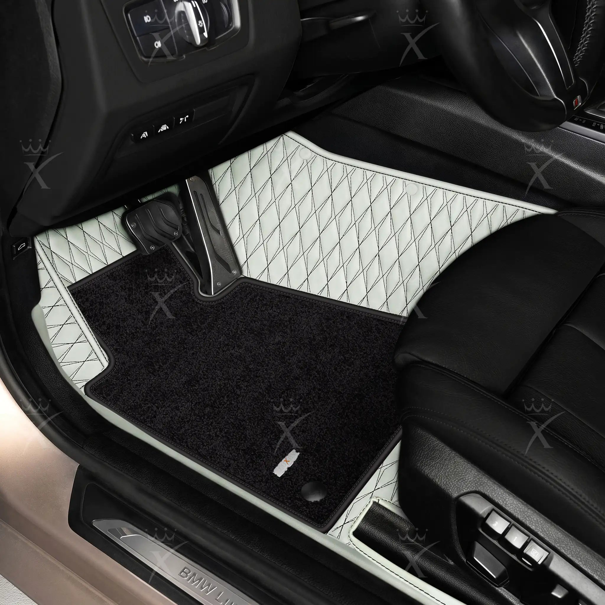 Luxus Twin-Diamond Double Layer Series Floor Mats | Snow White & Black Stitching & Onyx Charcoal Top Carpet