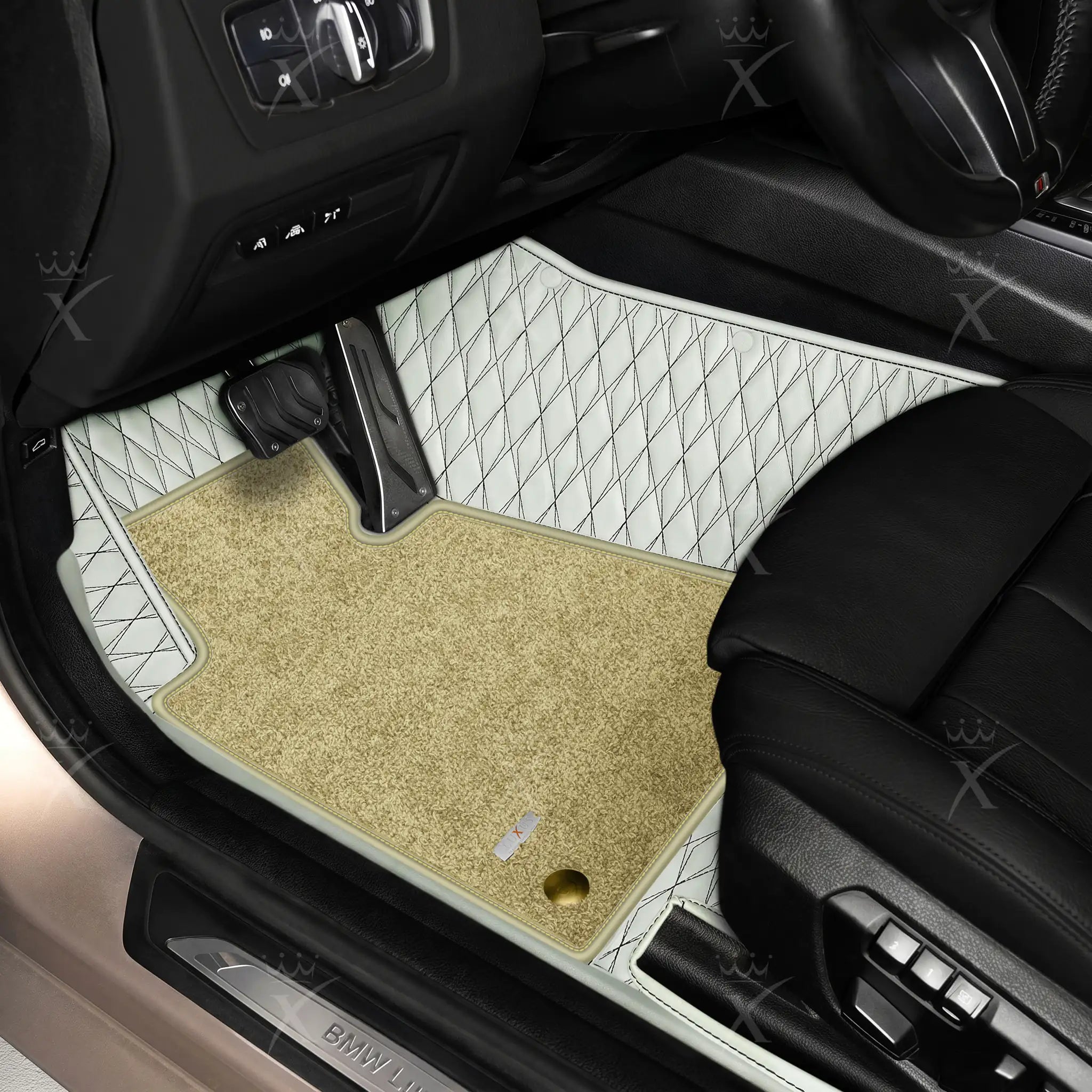 Luxus Twin-Diamond Double Layer Series Floor Mats | Snow White & Black Stitching & Sahara Stone Top Carpet
