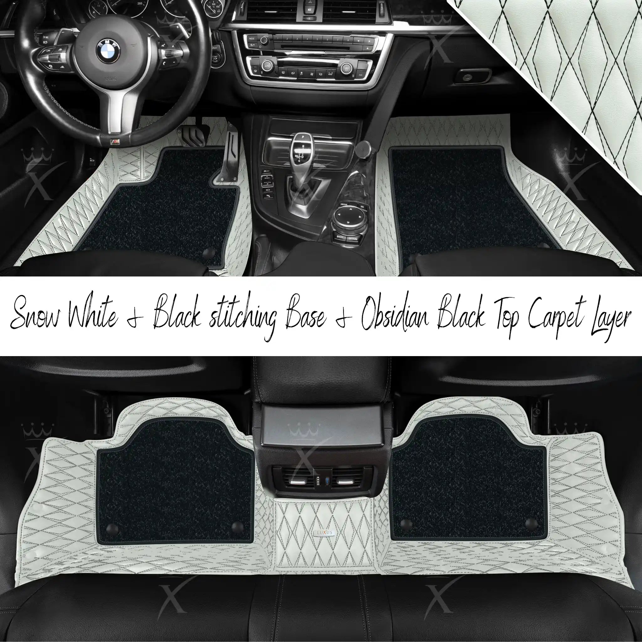 Snow White & Black Stitching Twin Diamond & Obsidian Black Carpet | Double Layer Luxury Car Mats Set