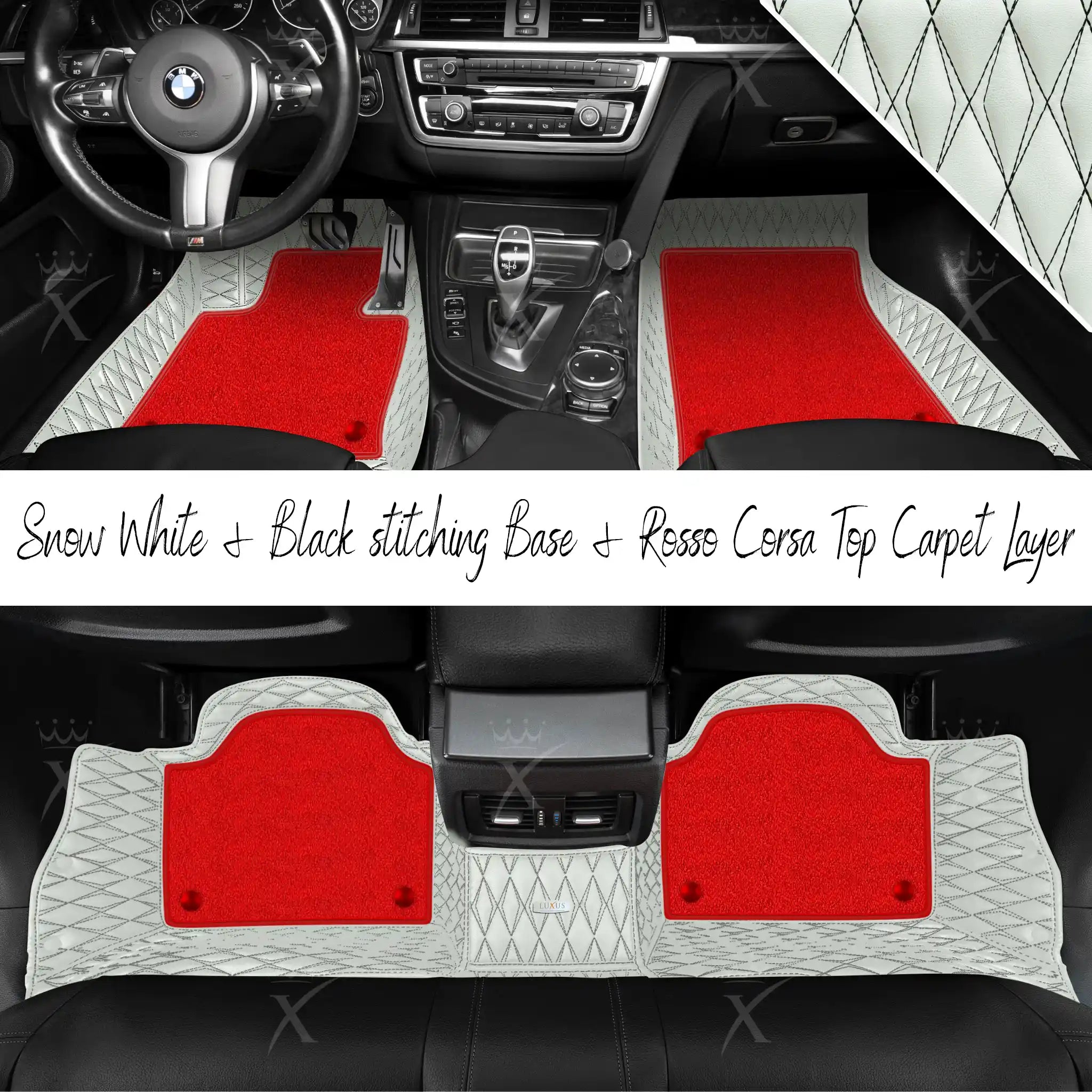 Snow White & Black Stitching Twin Diamond & Rosso Corsa Carpet | Double Layer Luxury Car Mats Set