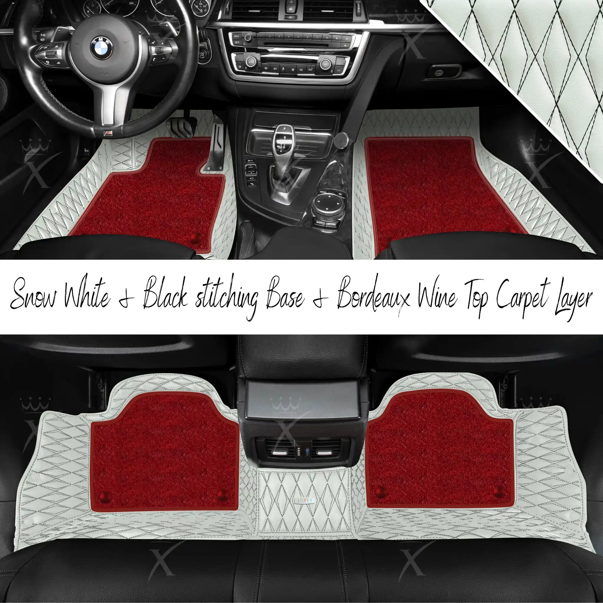 Snow White & Black Stitching Twin Diamond & Bordeaux Wine Carpet | Double Layer Luxury Car Mats Set