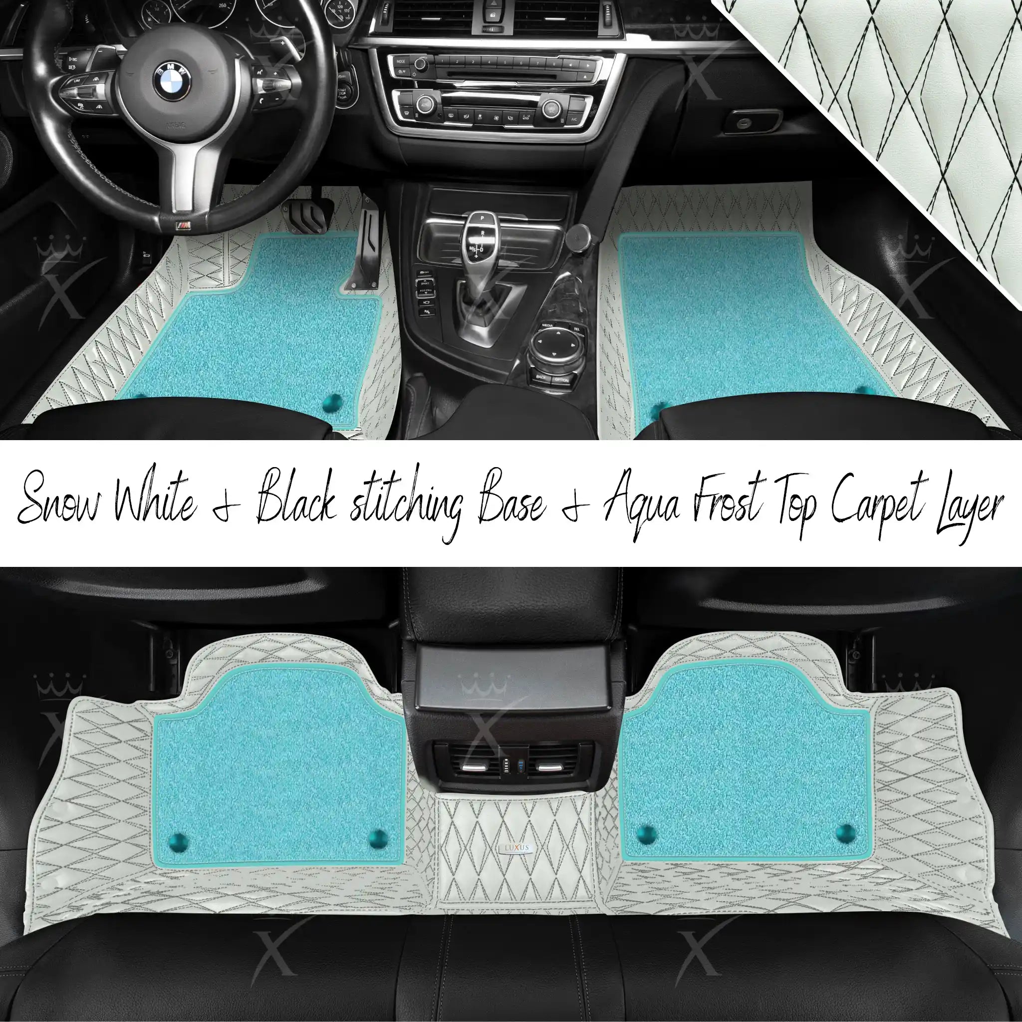 Snow White & Black Stitching Twin Diamond & Aqua Frost Carpet | Double Layer Luxury Car Mats Set
