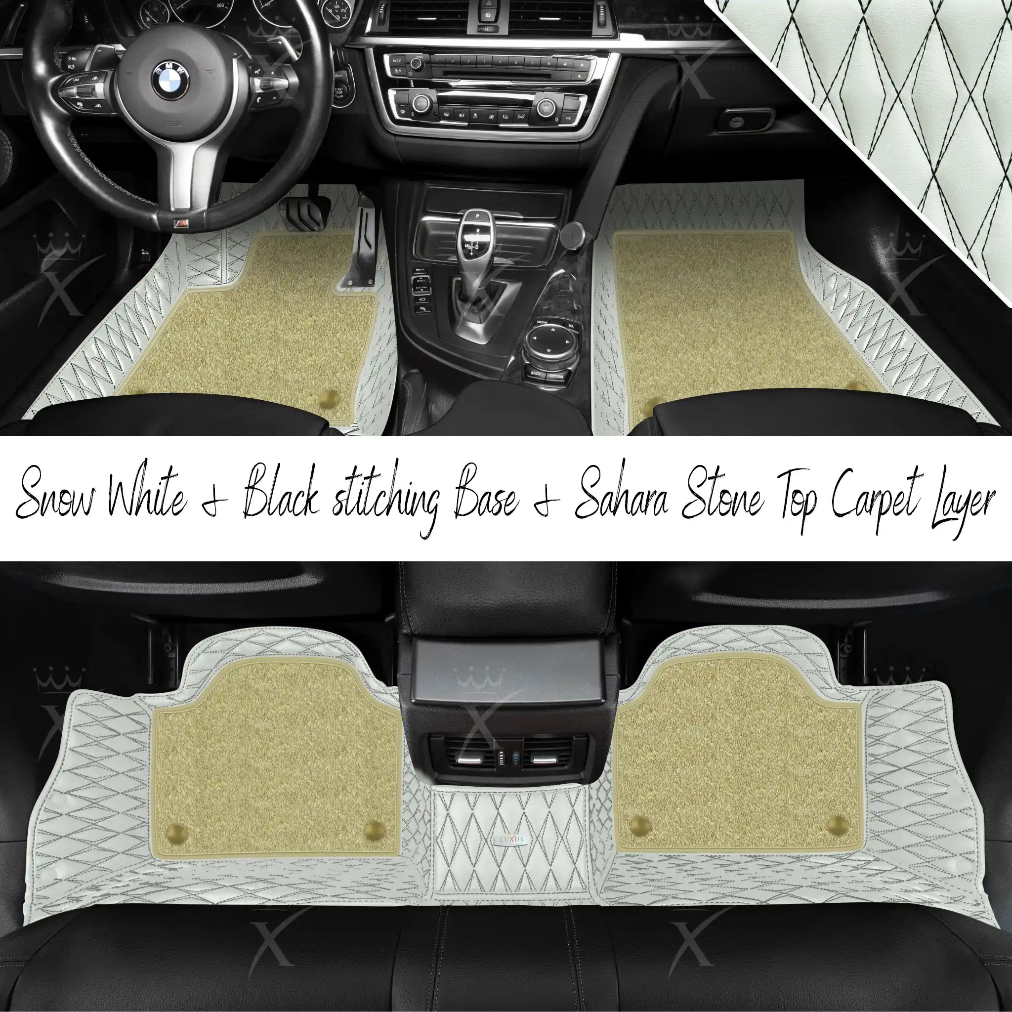 Snow White & Black Stitching Twin Diamond & Sahara Stone Carpet | Double Layer Luxury Car Mats Set