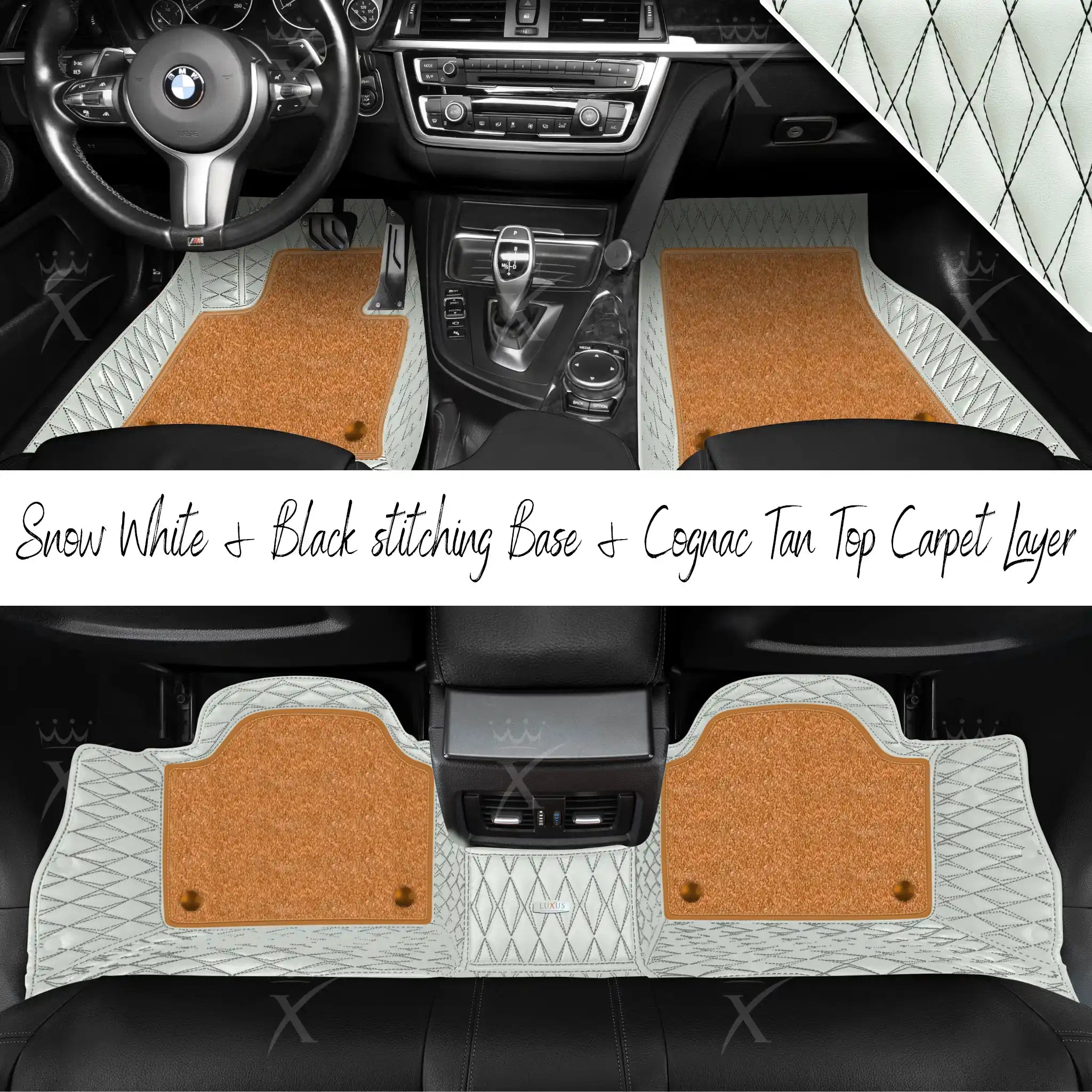 Snow White & Black Stitching Twin Diamond & Cognac Tan Carpet | Double Layer Luxury Car Mats Set