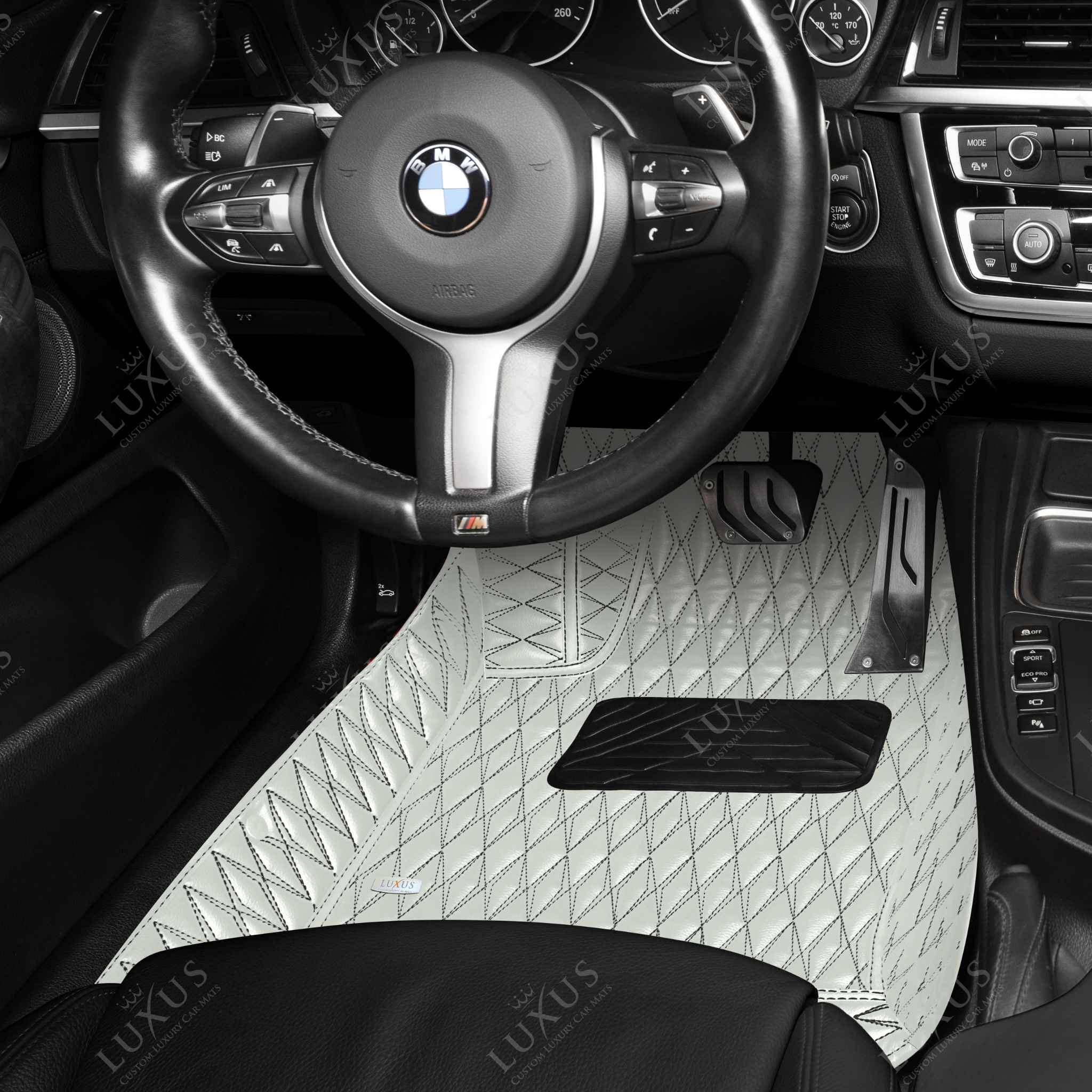 Luxus Premium Twin-Diamond Custom Luxury Car Mats Set | Snow White Black Stitching