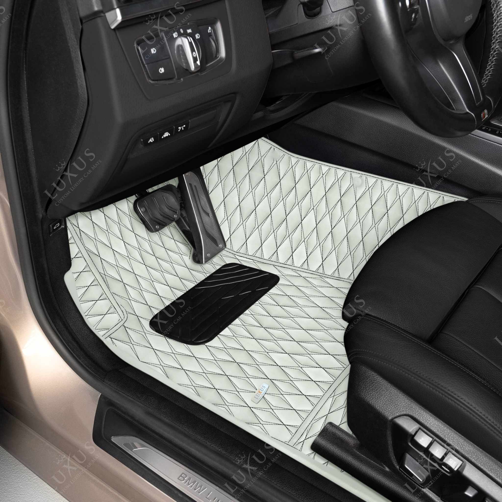 Luxus Premium Twin-Diamond Custom Luxury Car Mats Set | Snow White Black Stitching