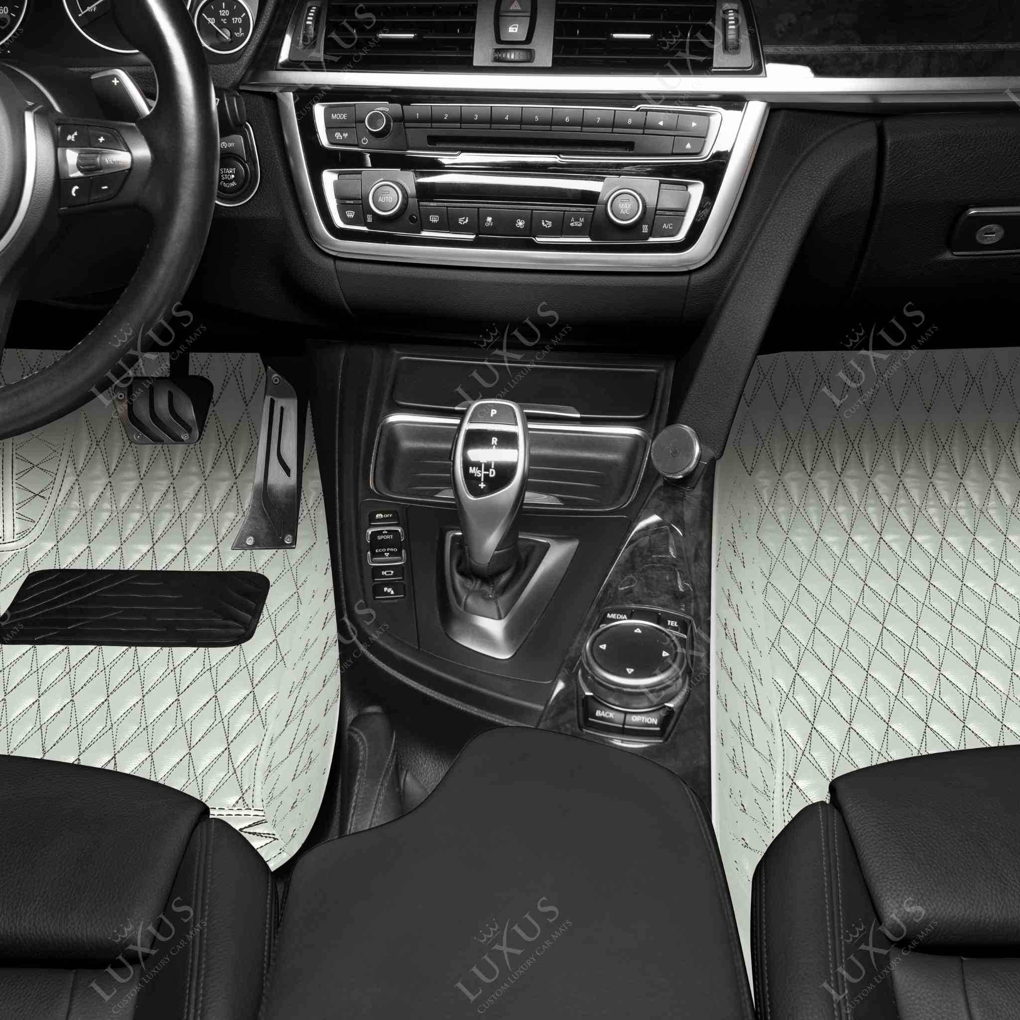 Luxus Premium Twin-Diamond Custom Luxury Car Mats Set | Snow White Black Stitching