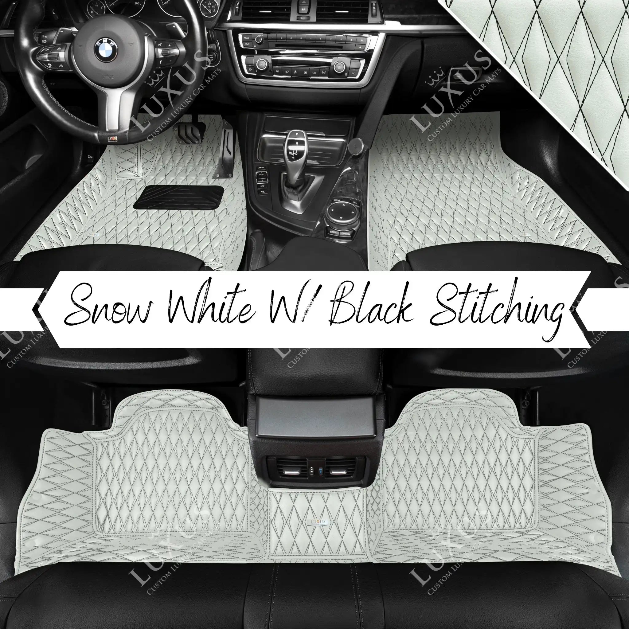 Luxus Premium Twin-Diamond Custom Luxury Car Mats Set | Snow White Black Stitching