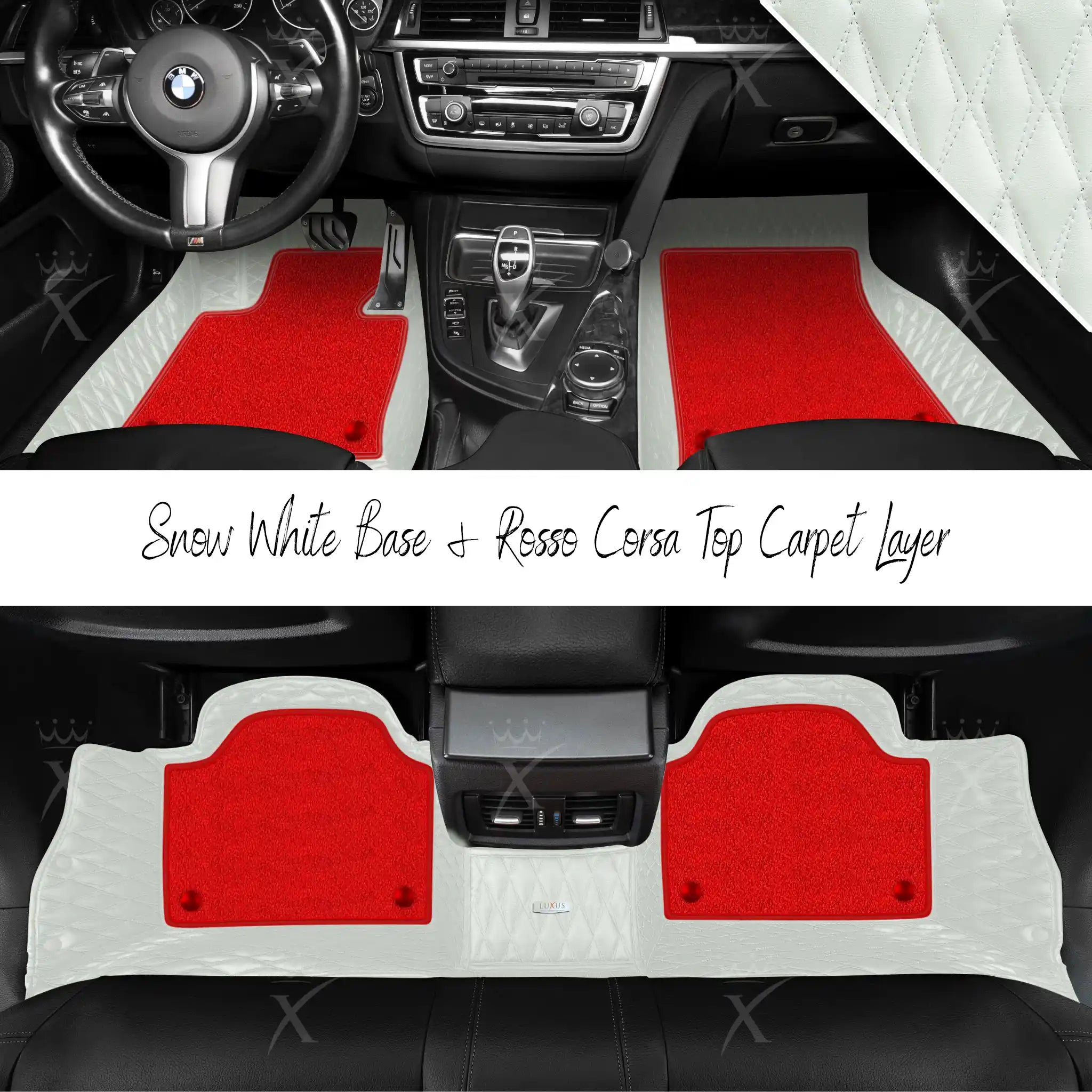 Snow White Twin Diamond & Rosso Corsa Carpet | Double Layer Luxury Car Mats Set