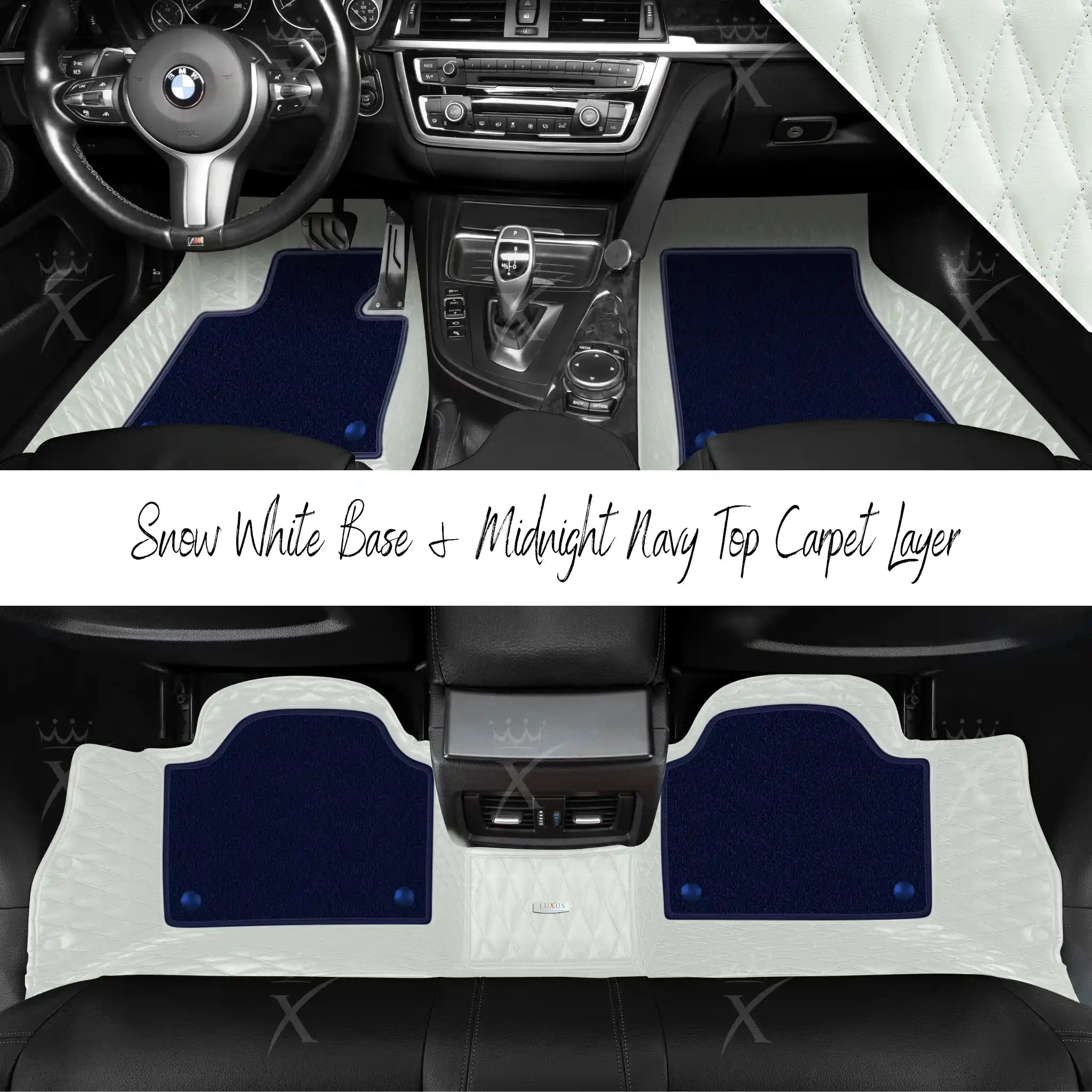 Snow White Twin Diamond & Midnight Navy Carpet | Double Layer Luxury Car Mats Set