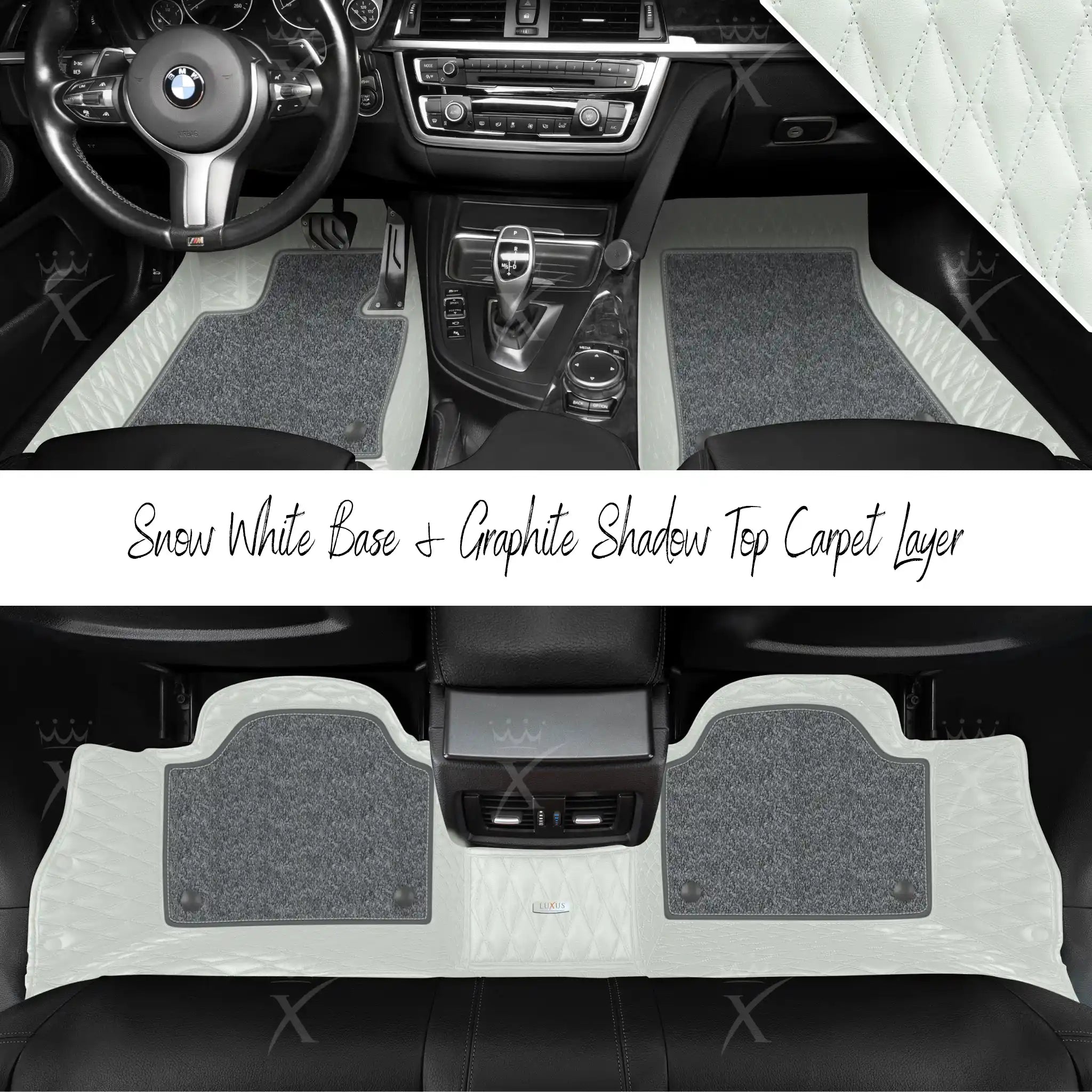 Snow White Twin Diamond & Graphite Shadow Carpet | Double Layer Luxury Car Mats Set