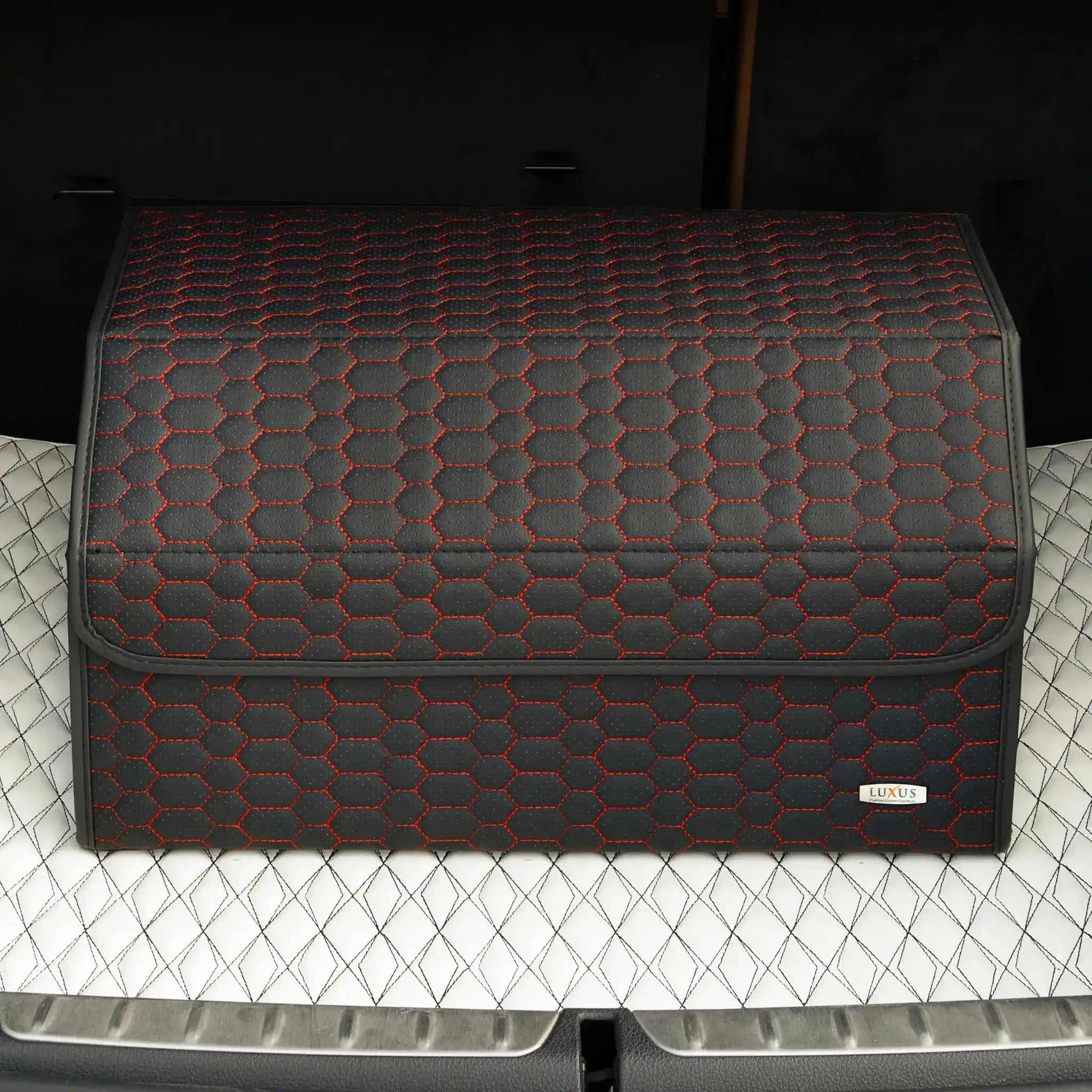 Luxus Premium Trunk Organizer | Black & Red Honeycomb Stitching