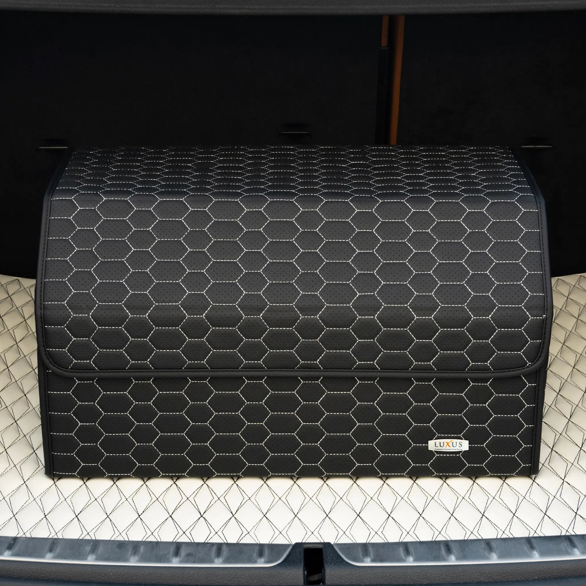 Luxus Premium Trunk Organizer | Black & White Honeycomb Stitching