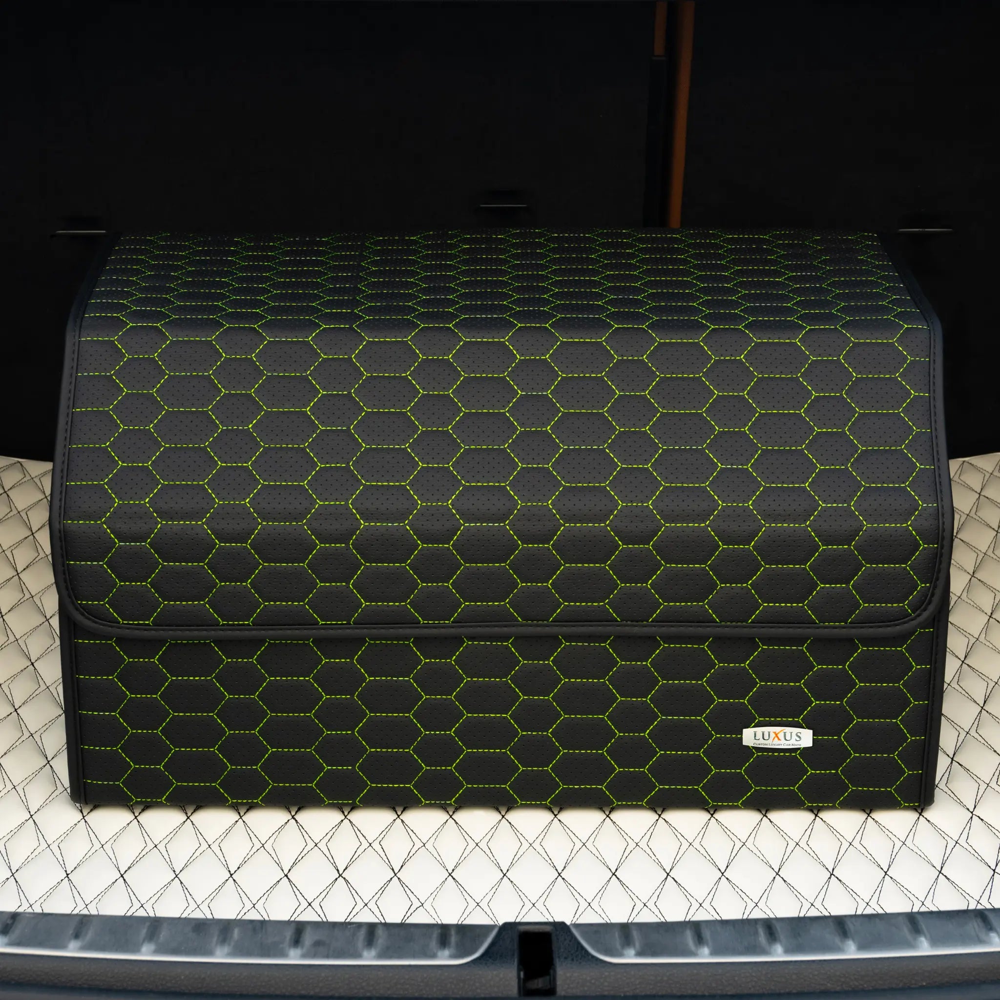 Luxus Premium Trunk Organizer | Black & Lime Green Honeycomb Stitching