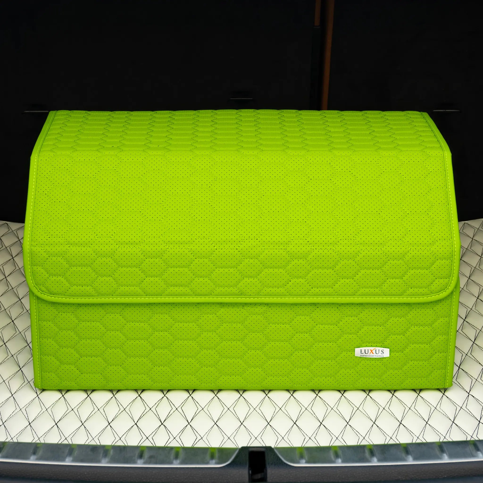 Luxus Premium Trunk Organizer | Lime Green Honeycomb Stitching